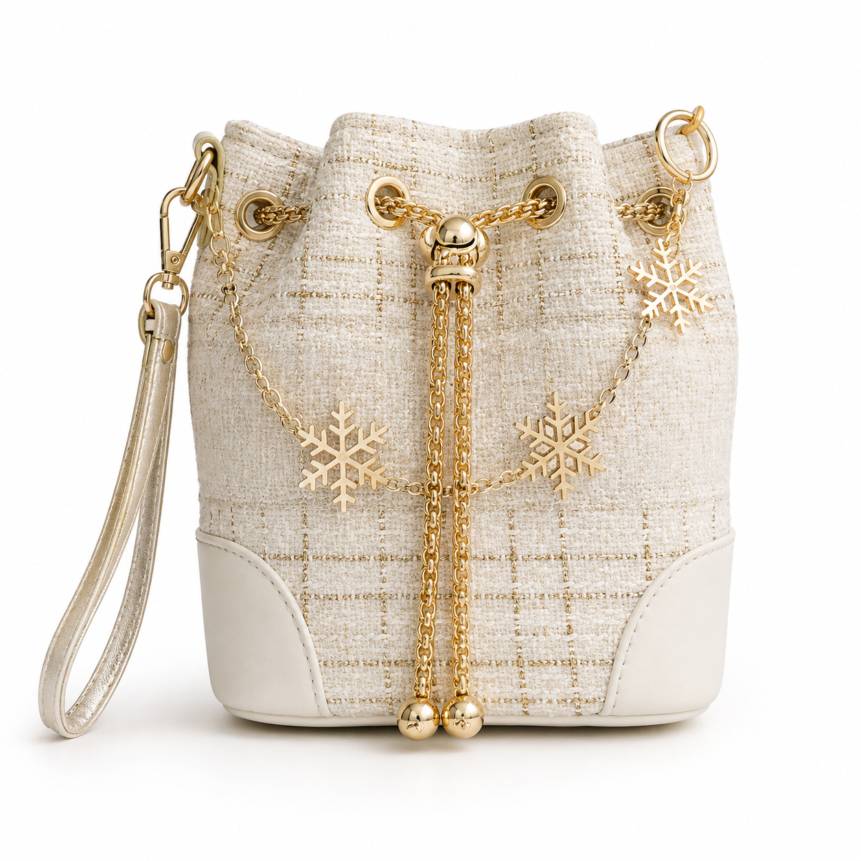 White-Gold Tweed Bucket Bag VIP Gift with Box Cosmetic Pouch
