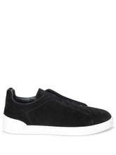Zegna Men’s Triple Stitch™ Black Suede Slip-On Sneakers – Iconic Detailing & Timeless Comfort