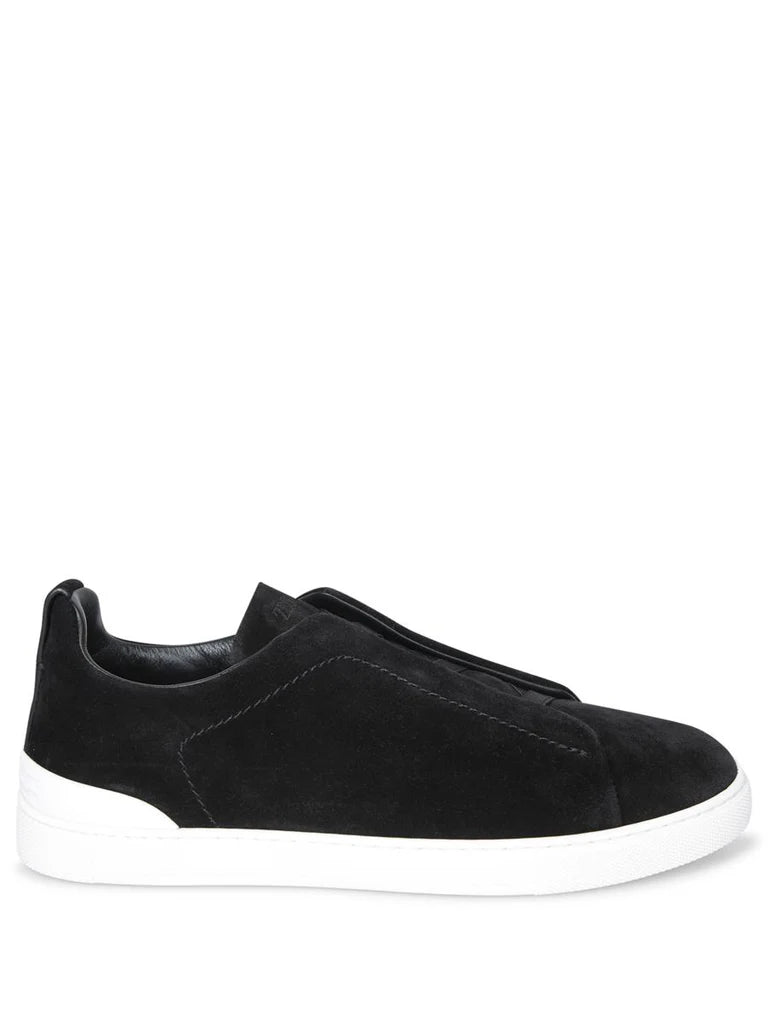 Zegna Men’s Triple Stitch™ Black Suede Slip-On Sneakers – Iconic Detailing & Timeless Comfort