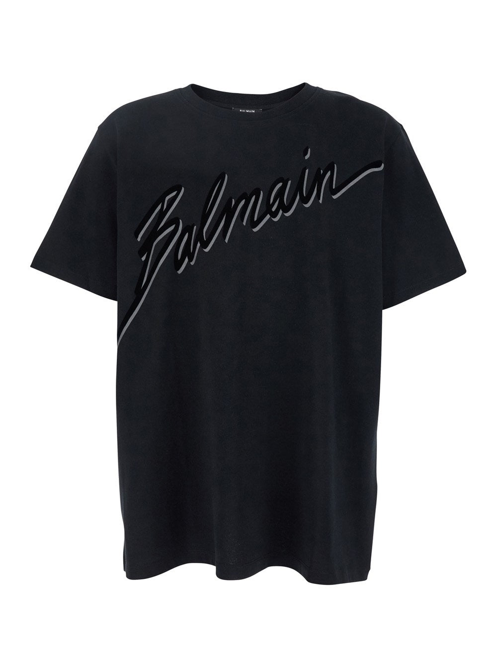 Balmain Black T-Shirt with Logo Lettering on the Front in Cotton Man