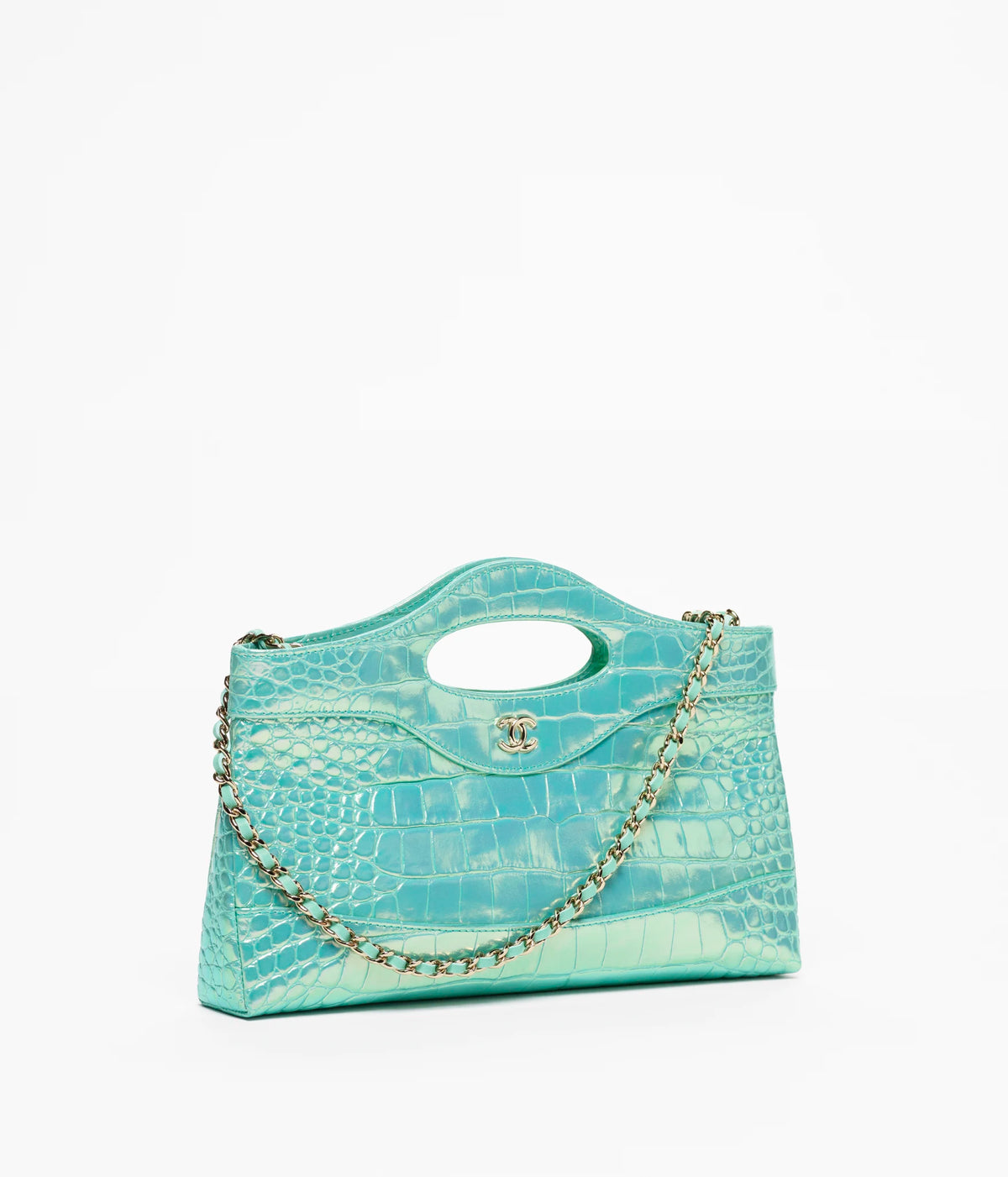 Clutch with chain Crocodile Embossed Iridescent Calfskin & Gold-Tone Metal Turquoise