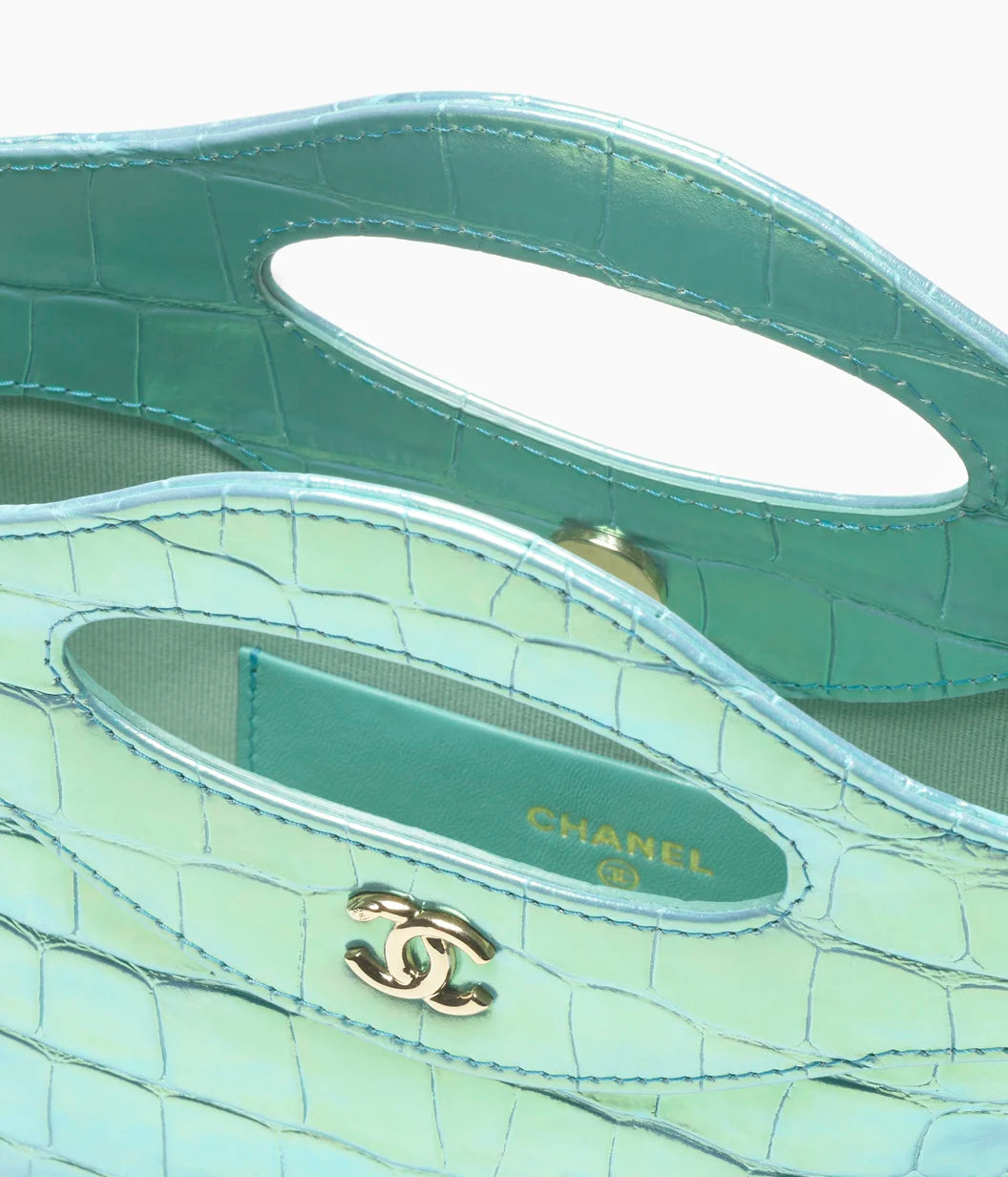 Clutch with chain Crocodile Embossed Iridescent Calfskin & Gold-Tone Metal Turquoise