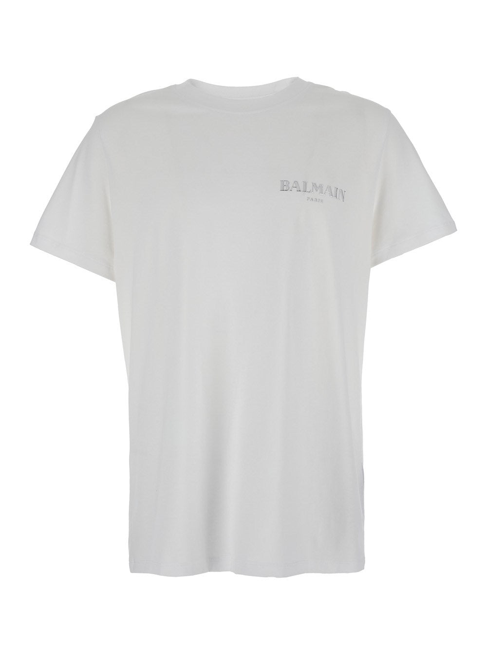 Balmain White Crewneck T-Shirt with Logo Lettering on the Front in Cotton Man