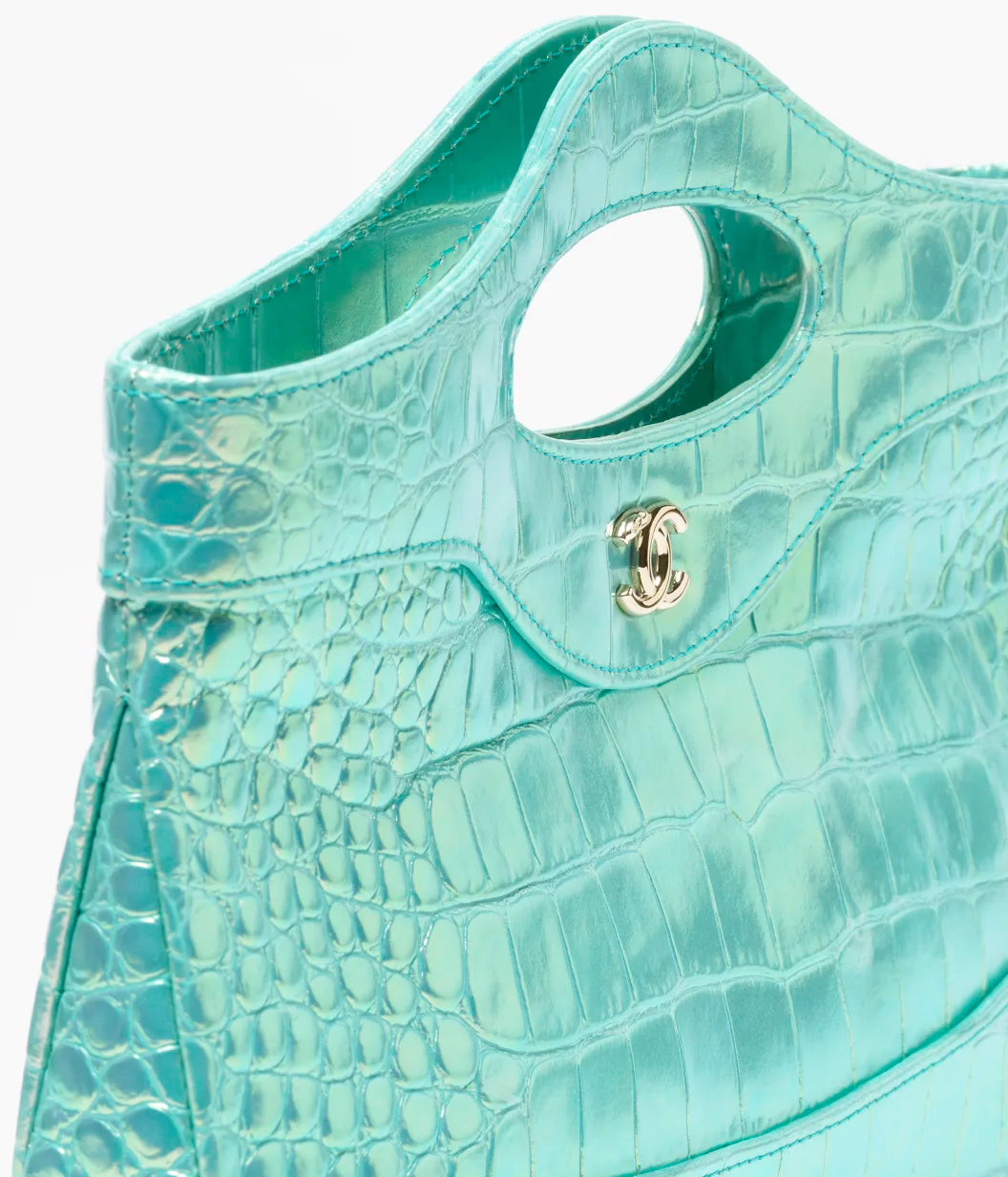 Clutch with chain Crocodile Embossed Iridescent Calfskin & Gold-Tone Metal Turquoise