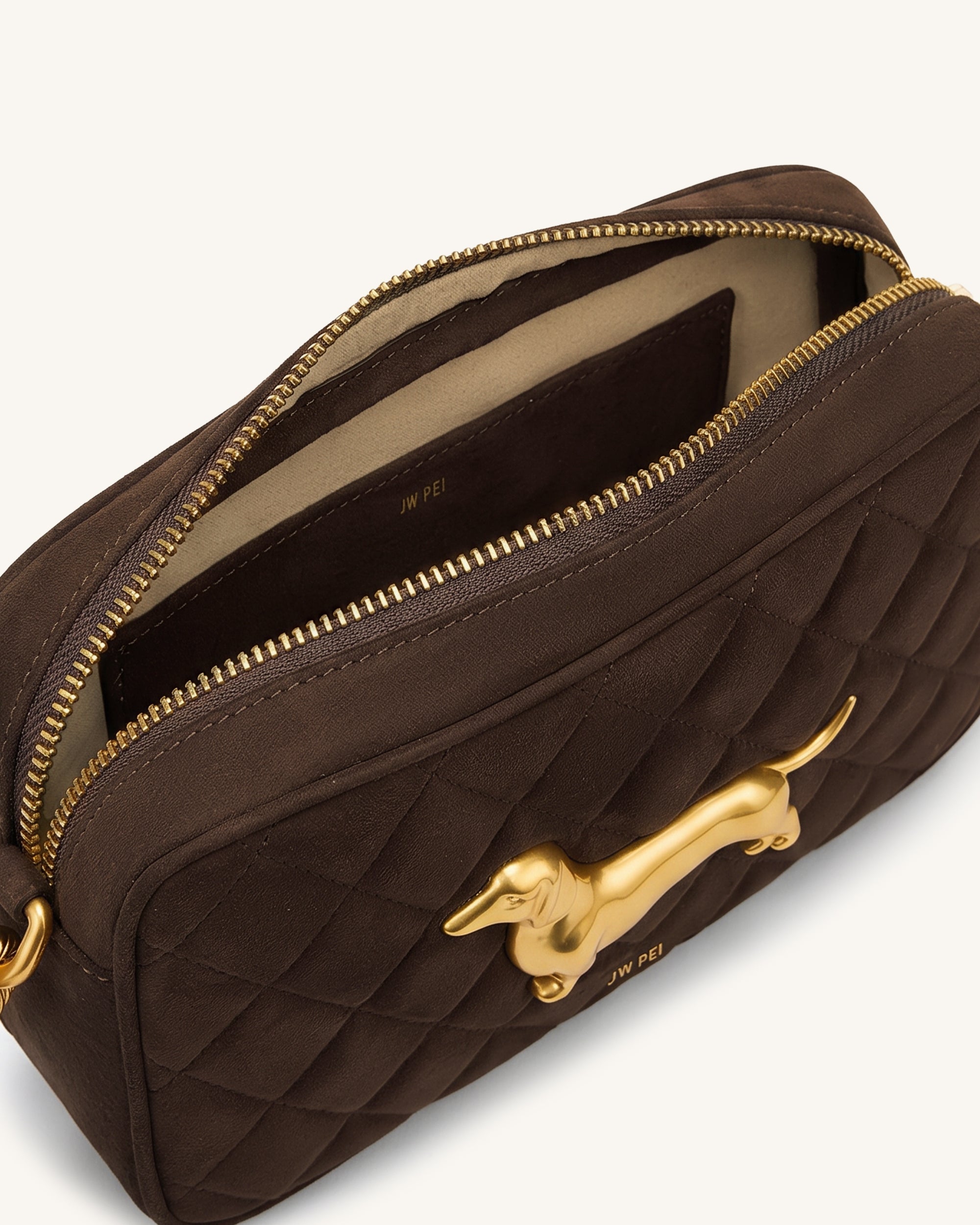 Riley Faux Suede Dachshund Quilted Shoulder Bag - Dark Brown
