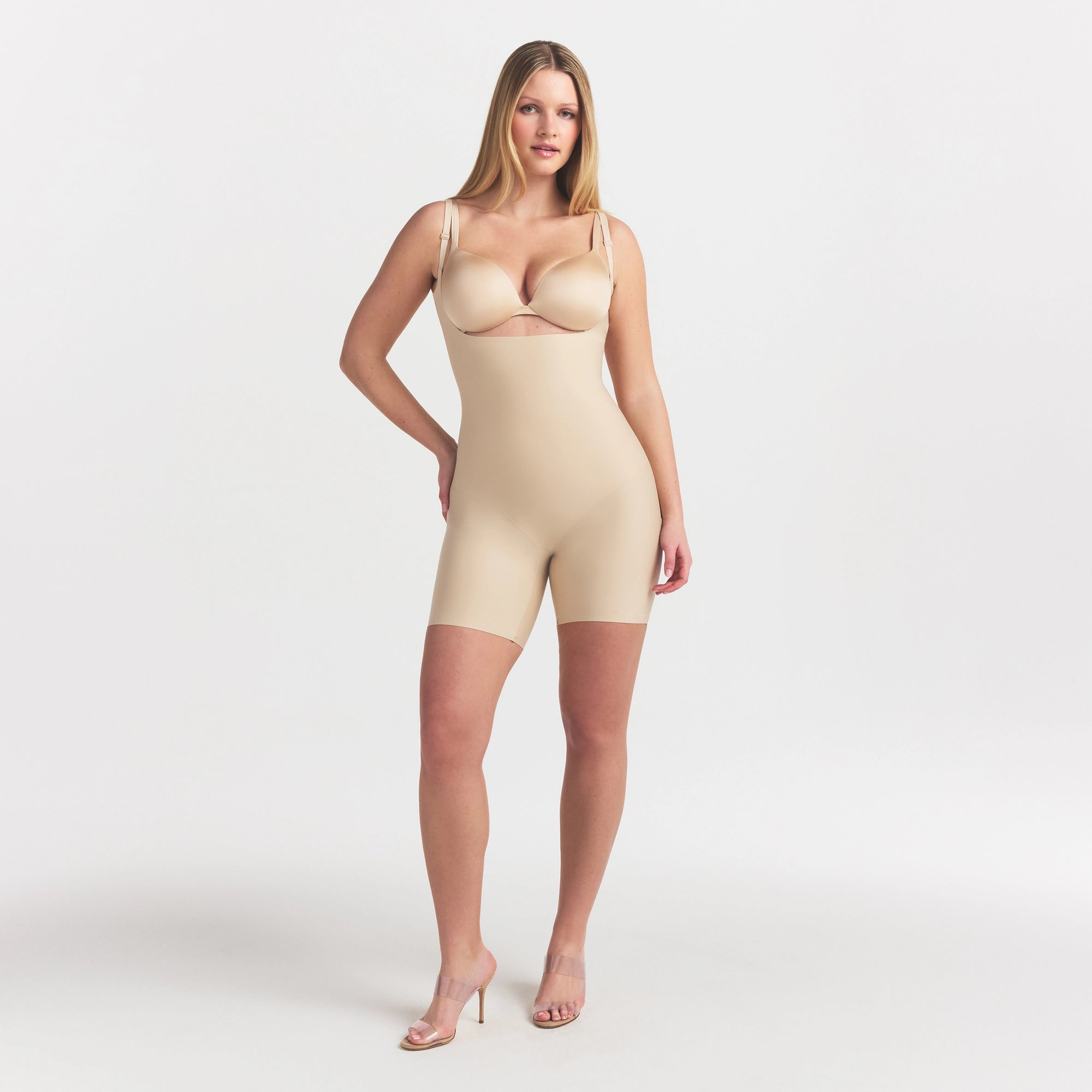 Skims Body Core Sculpt Back Smoothing Open Bust Mid Thigh Bodysuit