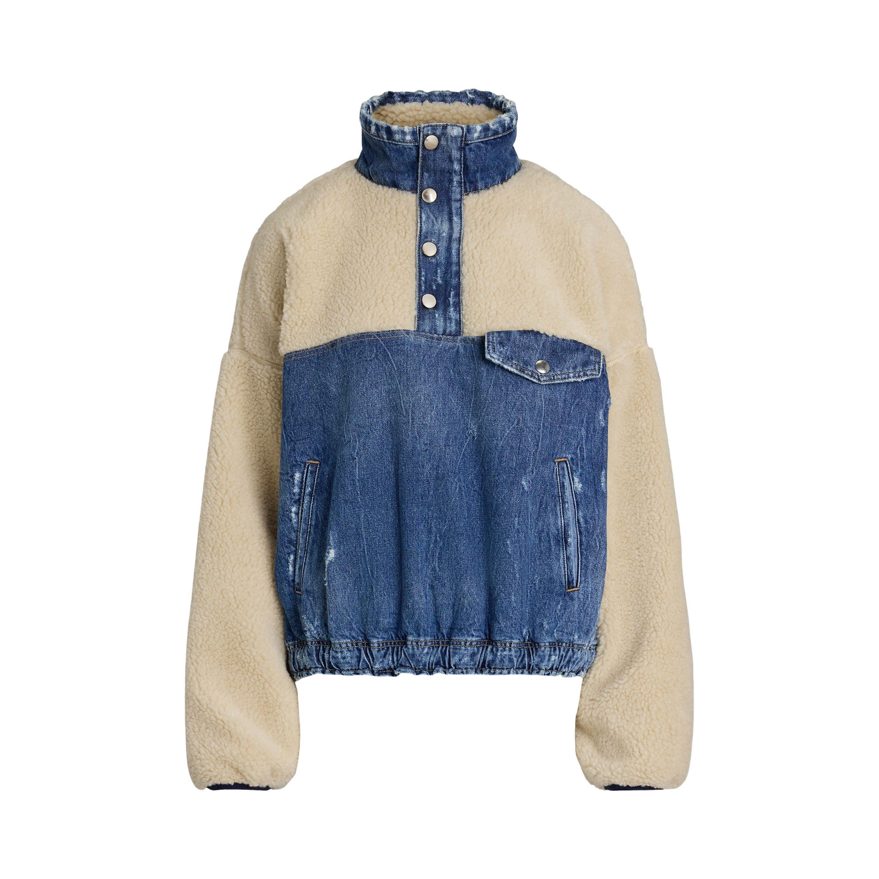 Fleece and Denim Funnel Neck Long Sleeve Oversized Fit Sherpa Jacket