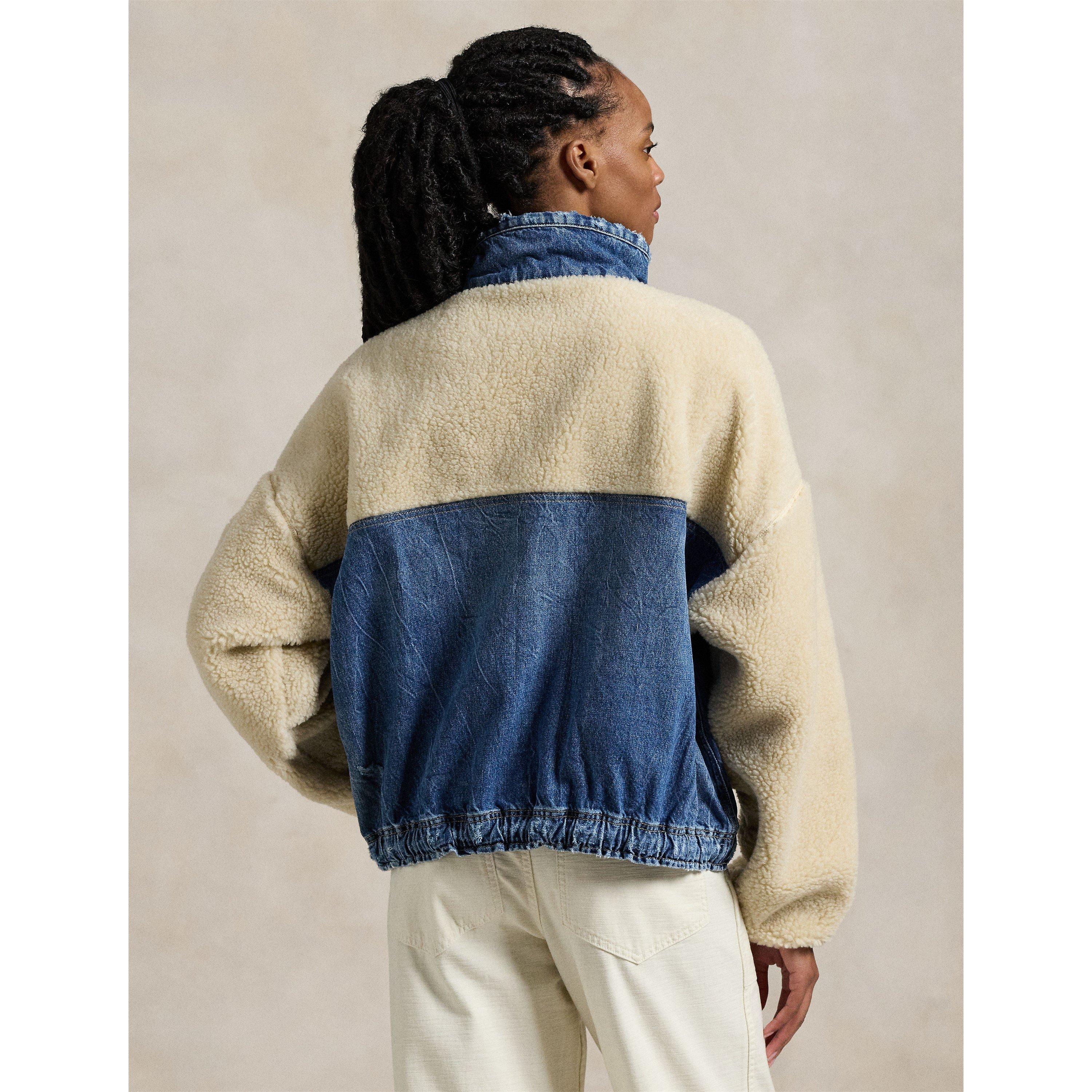 Fleece and Denim Funnel Neck Long Sleeve Oversized Fit Sherpa Jacket
