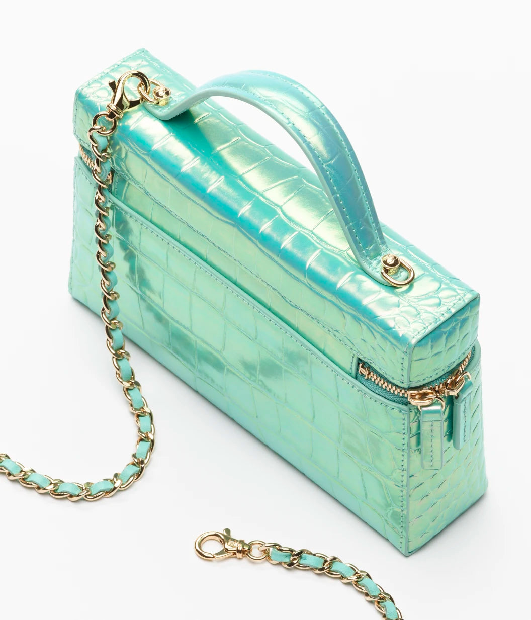 Vanity with Chain Crocodile Embossed Iridescent Calfskin & Gold-Tone Metal Turquoise
