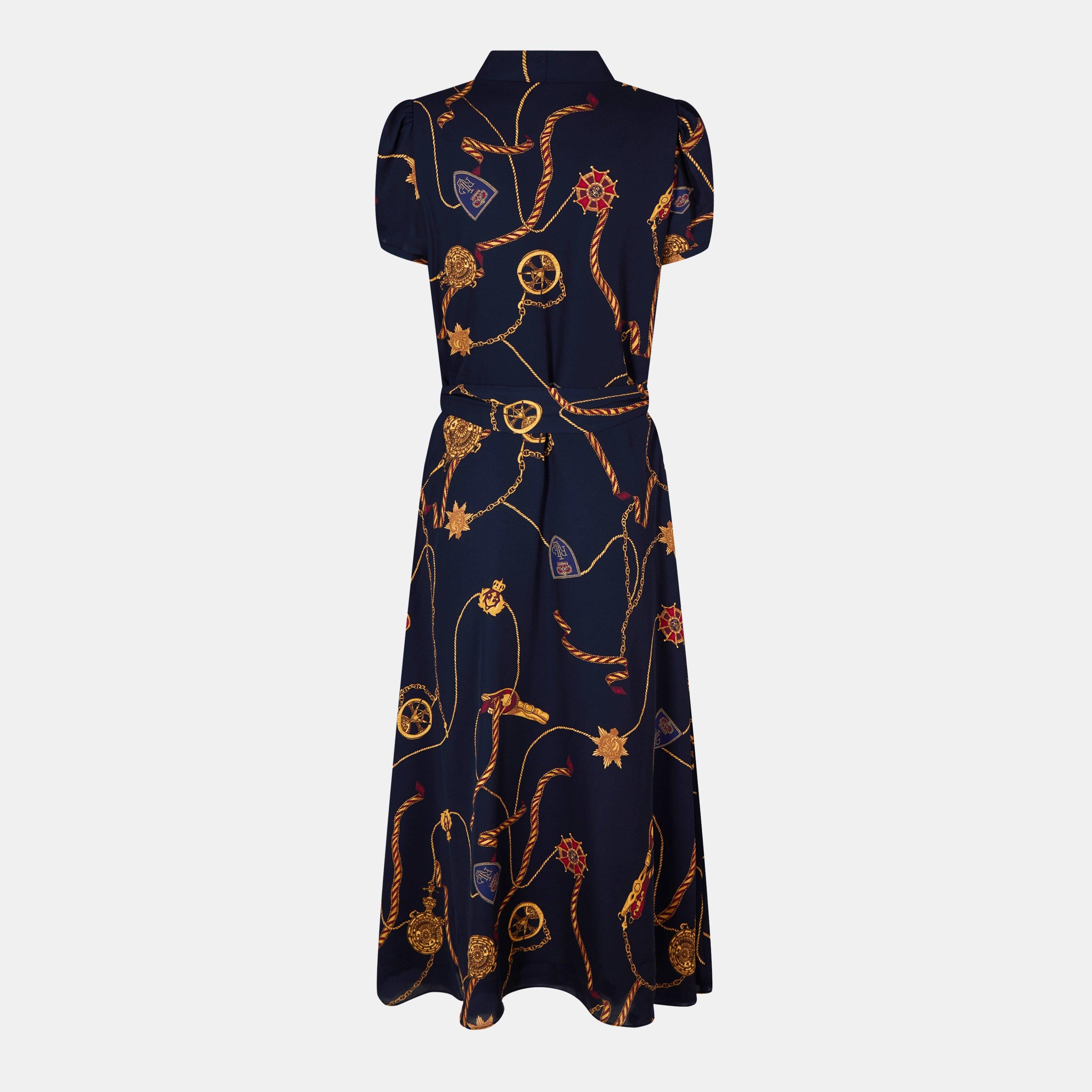 Print Belted Georgette Puff-Sleeve Dress