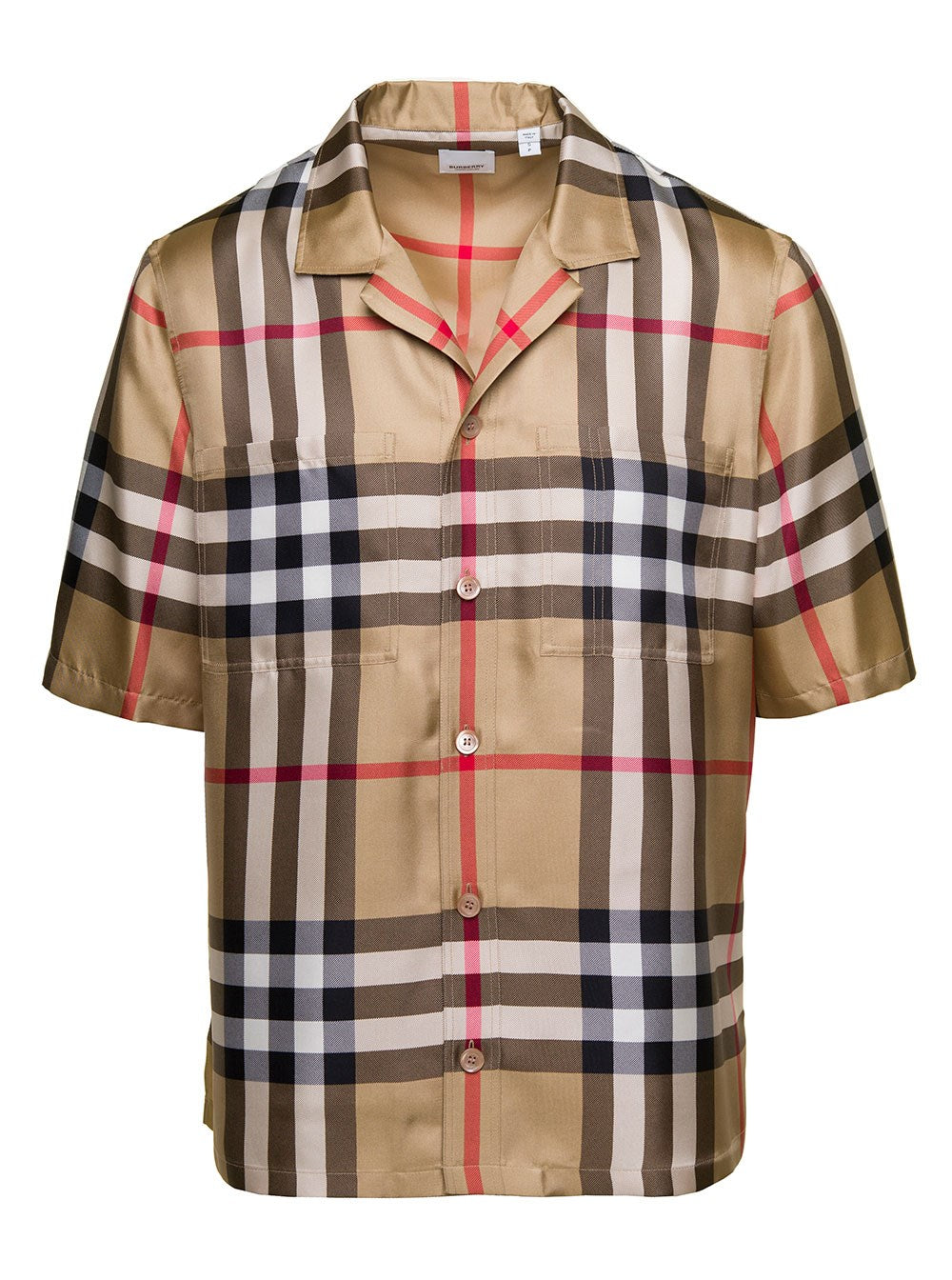 Burberry Brown Bowling Shirt with All-Over Checkered Print in Silk Man