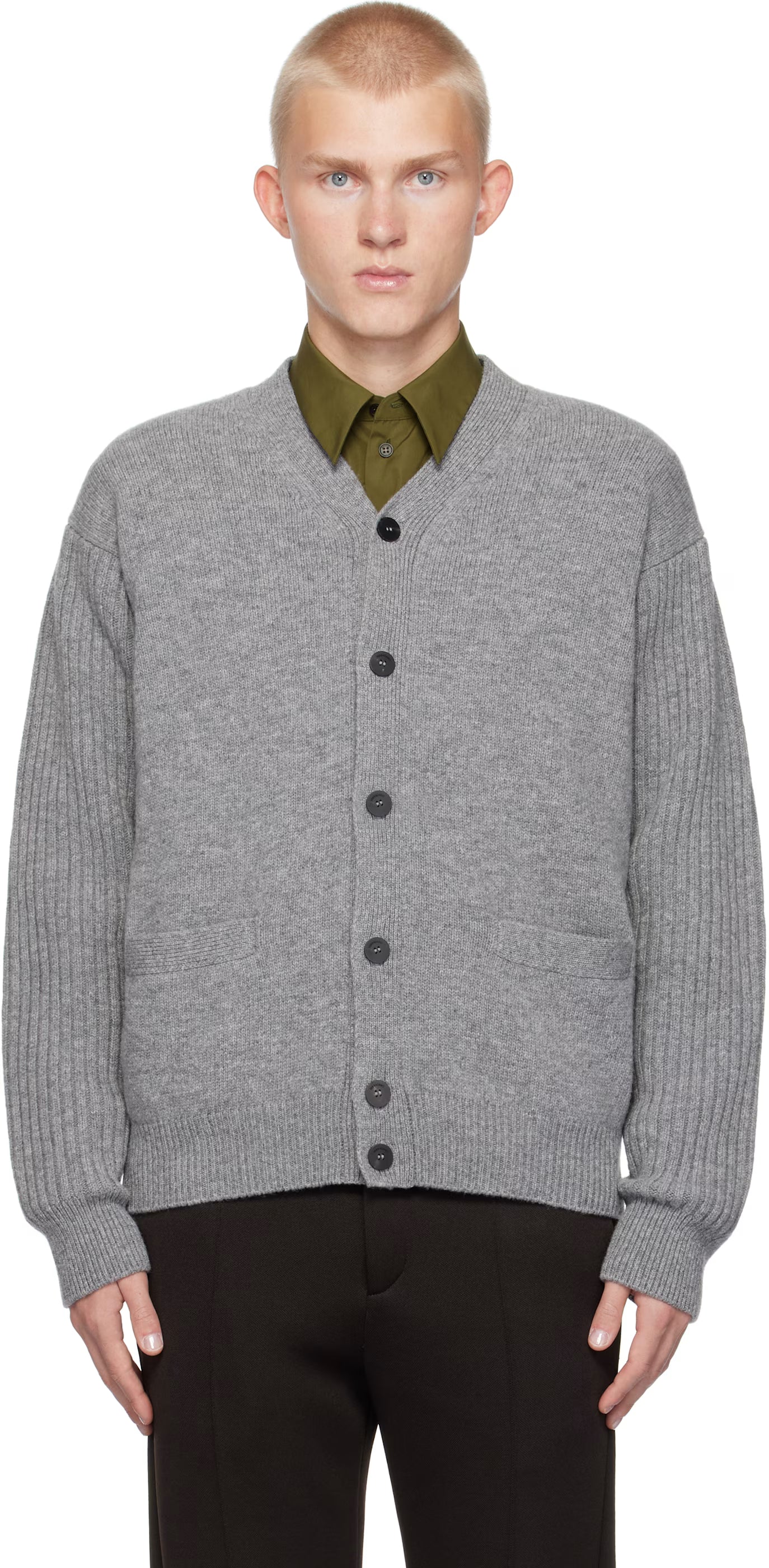 Ferragamo Gray Ribbed Sleeve Cardigan