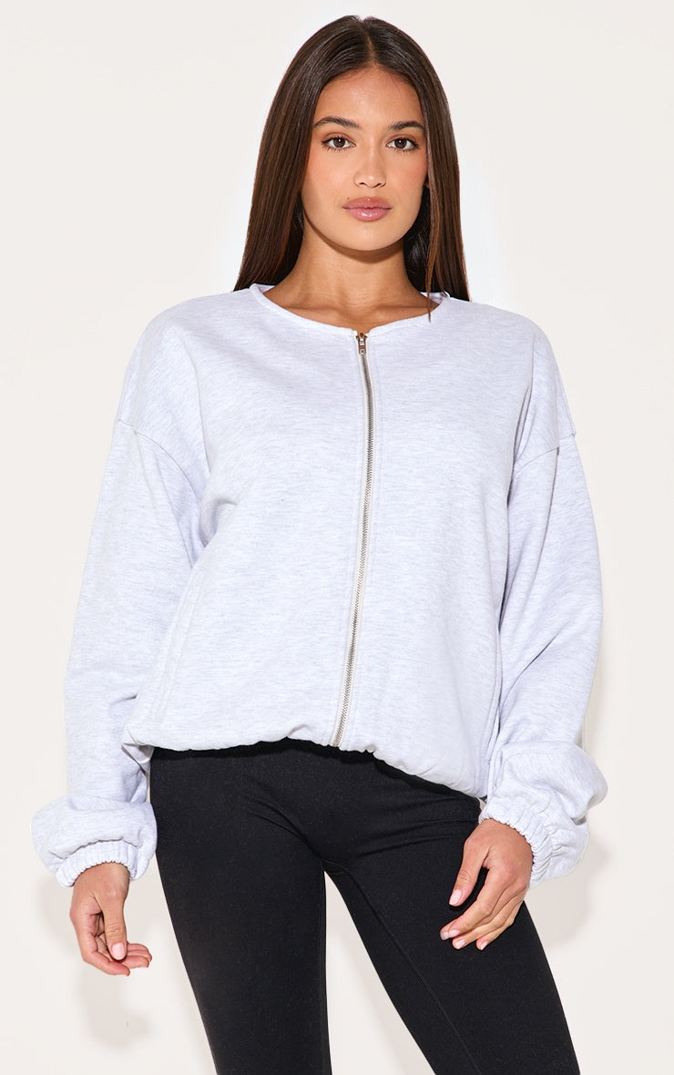 Ash Grey Premium Oversized Boxy Collarless Zip Sweat Top