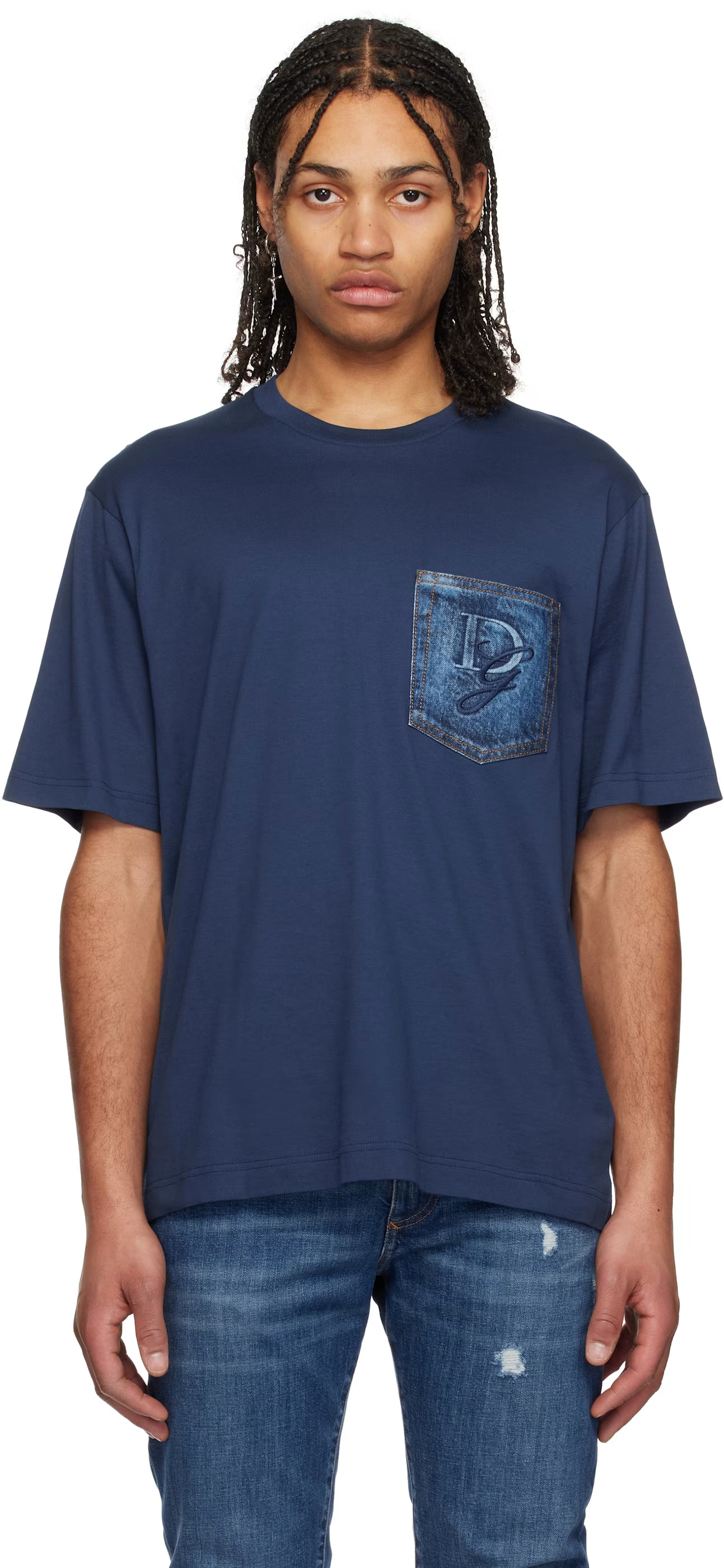 Dolce&Gabbana Navy Breast Pocket & Logo Embroidery Cotton T-shirt