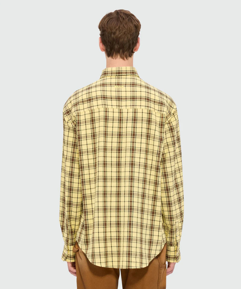 Back view of a long-sleeved yellow viscose shirt with check pattern and classic collar, featuring oversized fit.