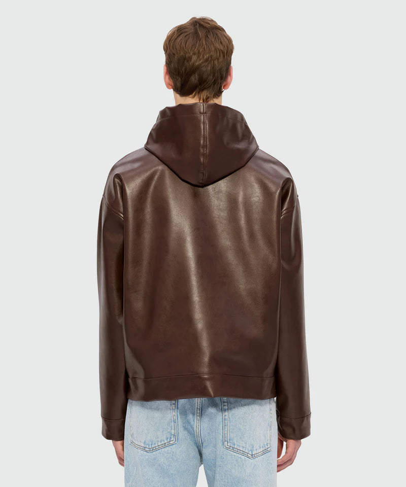 Back view of brown textured faux leather hooded jacket with long sleeves and regular fit.