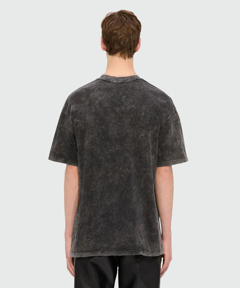 Black marbled jersey T-shirt with oversized fit, crew neck, and straight hem, shown from the back.