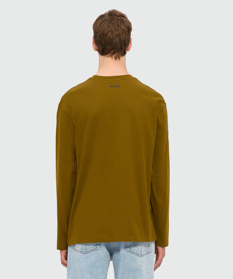 Back view of olive green jersey T-shirt featuring 'Sketched Bunnies' print and 'Follow the Rabbit®' quote on sleeves.