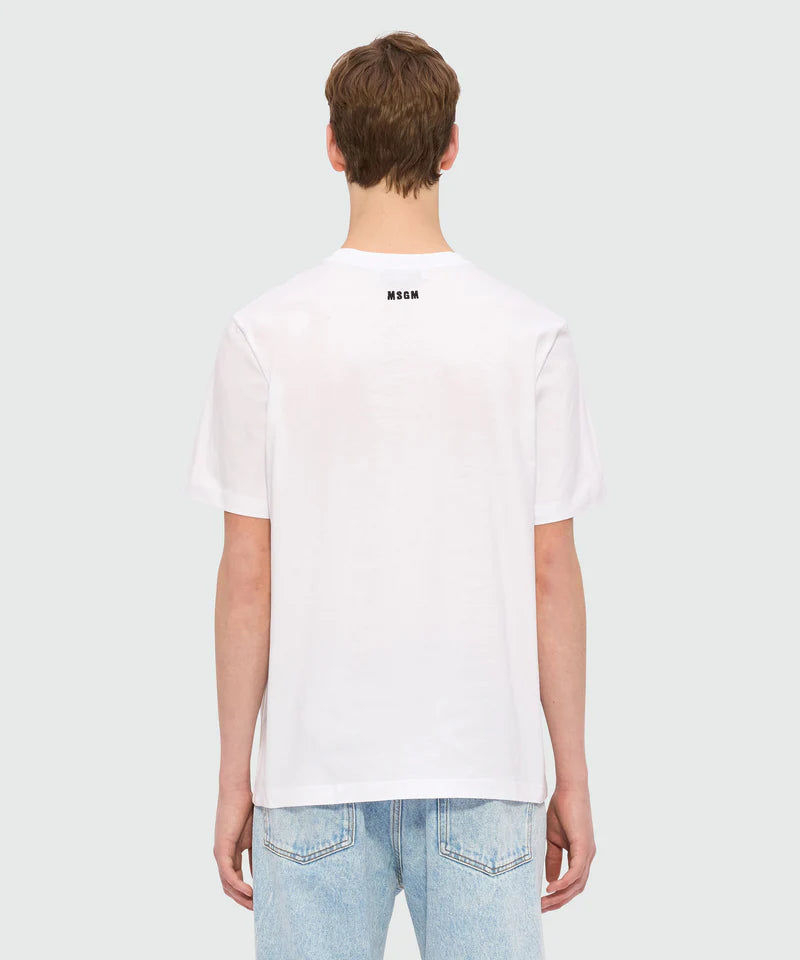 Back view of a white crew-neck cotton jersey T-shirt with MSGM logo and Follow the Rabbit print, regular fit.