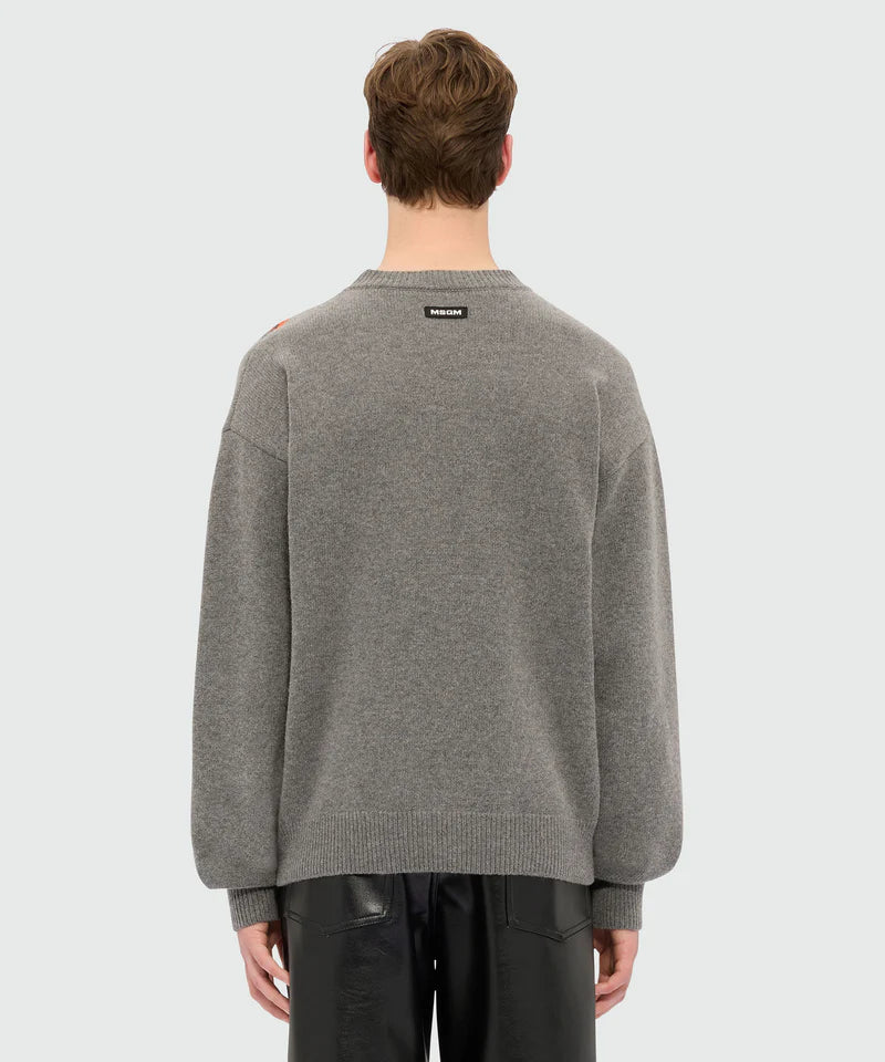Back view of grey crew neck sweater with MSGM label, featuring ribbed cuffs and hem.
