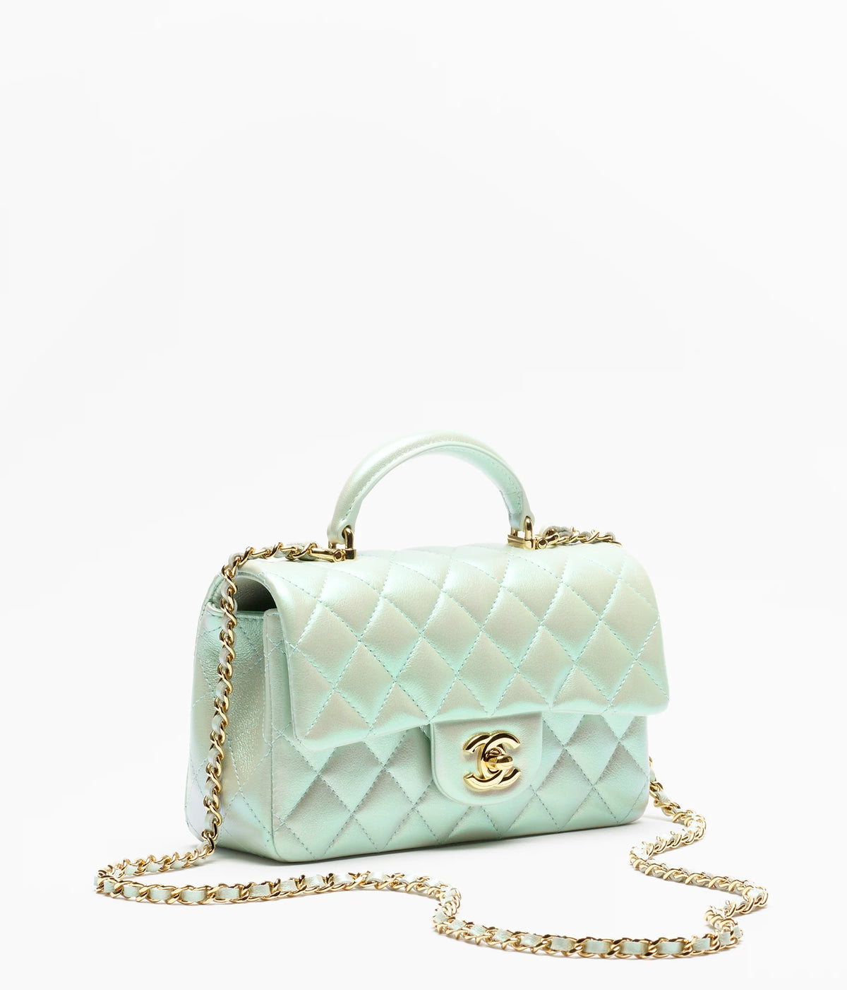 Mini Classic Handbag With Top Handle Iridescent Calfskin & Gold-Tone Metal Light Green