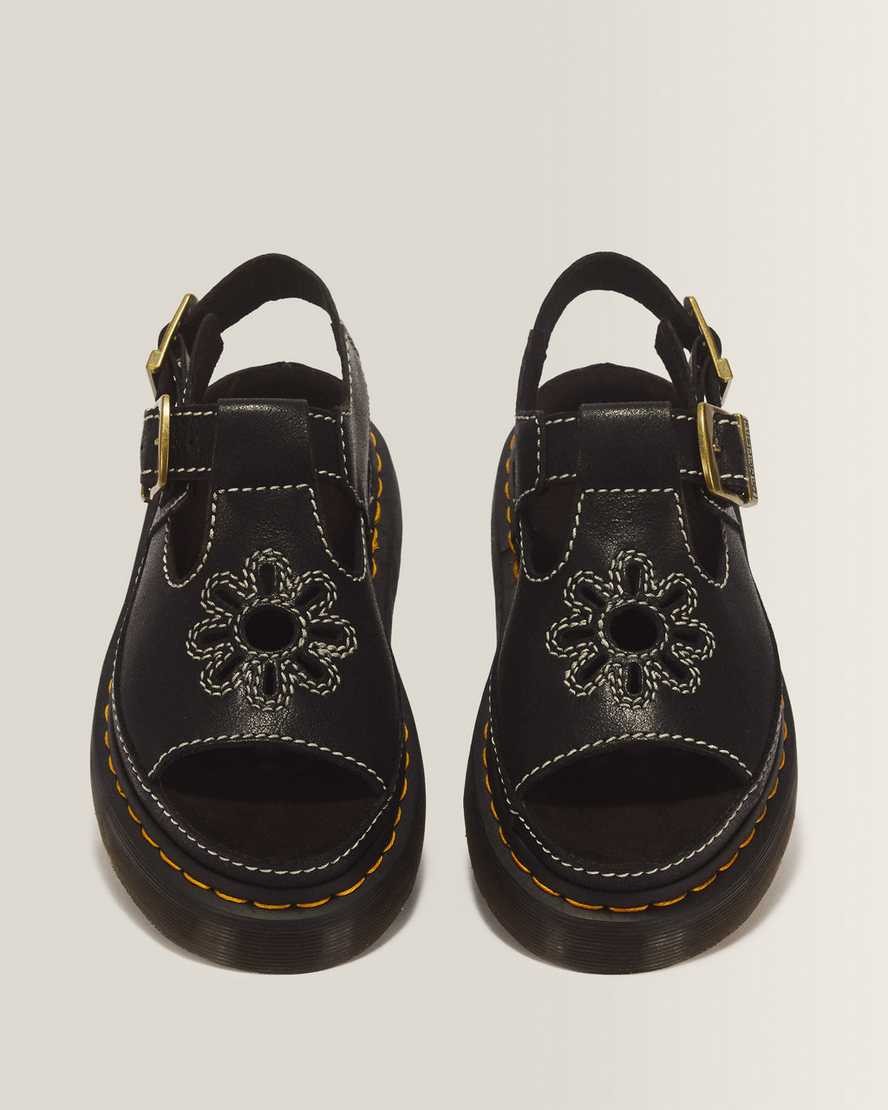 Dunnet Flower Full Grain Leather Sandals — Black
