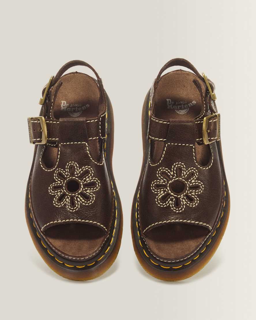 Dunnet Flower Full Grain Leather Sandals — Brown