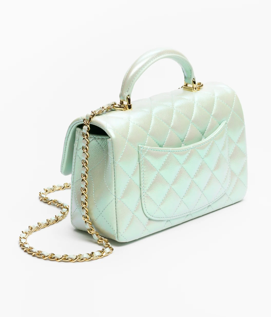 Mini Classic Handbag With Top Handle Iridescent Calfskin & Gold-Tone Metal Light Green