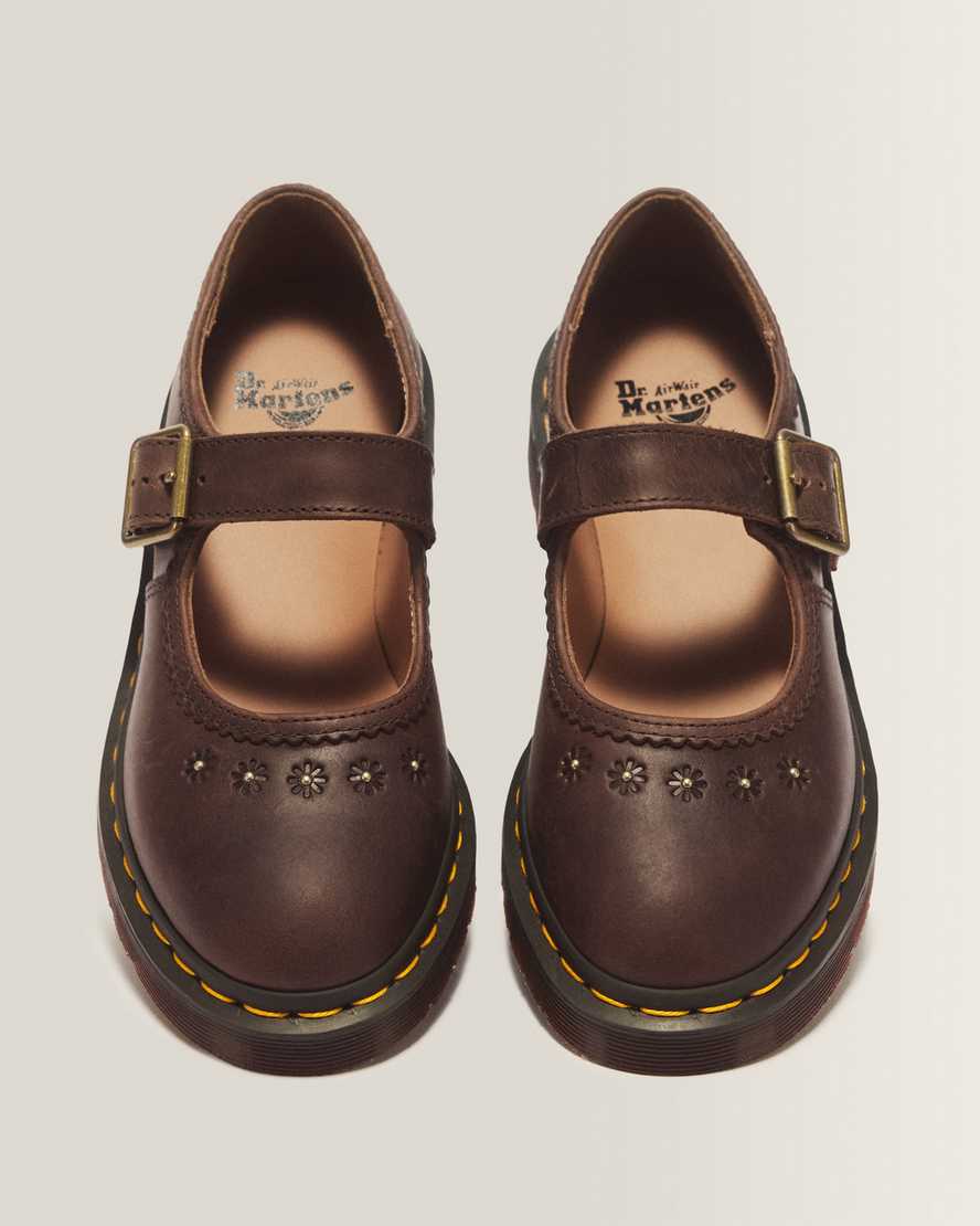 Mary Jane Flower Crazy Horse Leather Shoes — Dark Brown