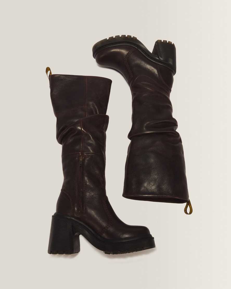 Kasey Kinsley Leather Knee High Heeled Boots — DARK BROWN