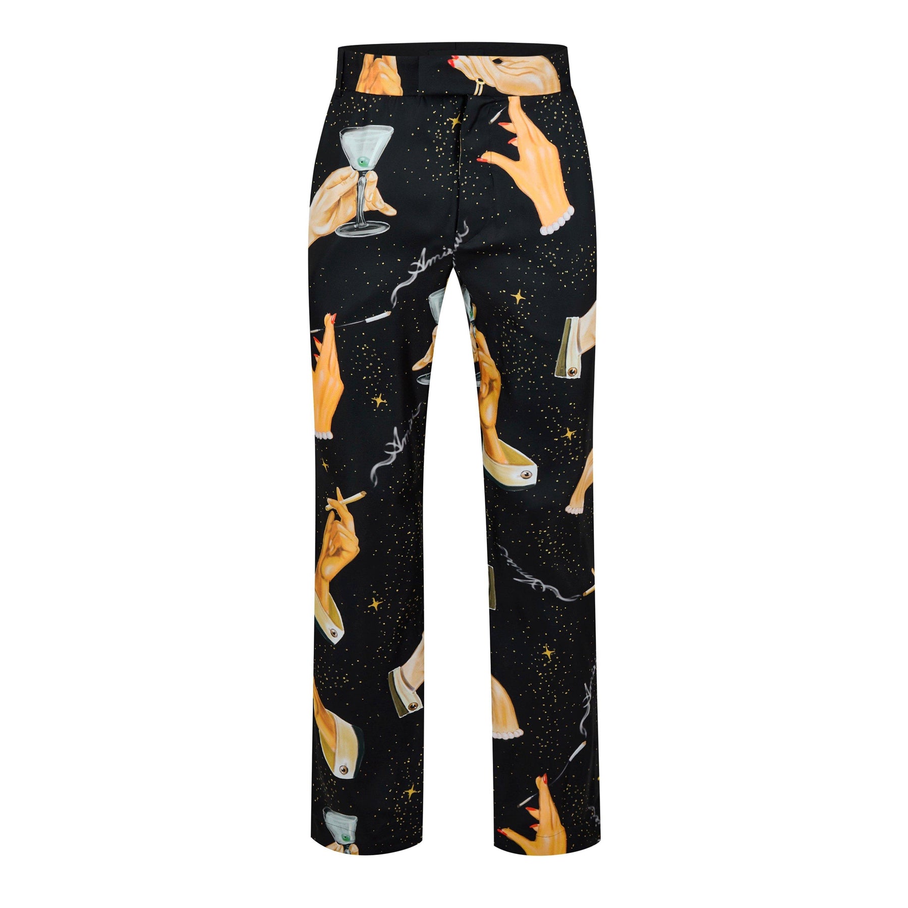 Champagne Graphic-Print Wide-Leg Silk Trousers