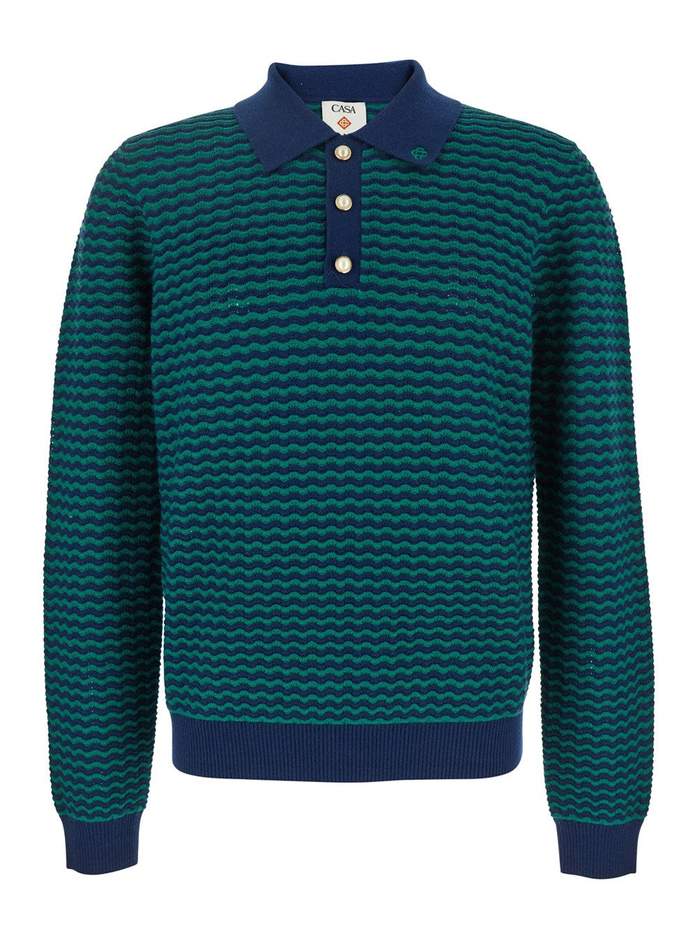 Casablanca 'Mini Wave' Blue Polo Shirt with Logo Embroidery on the Collar and All-Over Striped Motif in Wool Man
