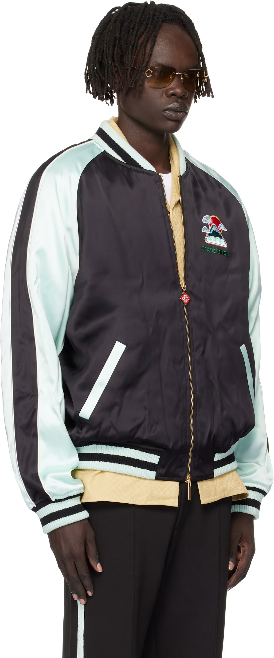 Green & Black Embroidered Satin Bomber Jacket