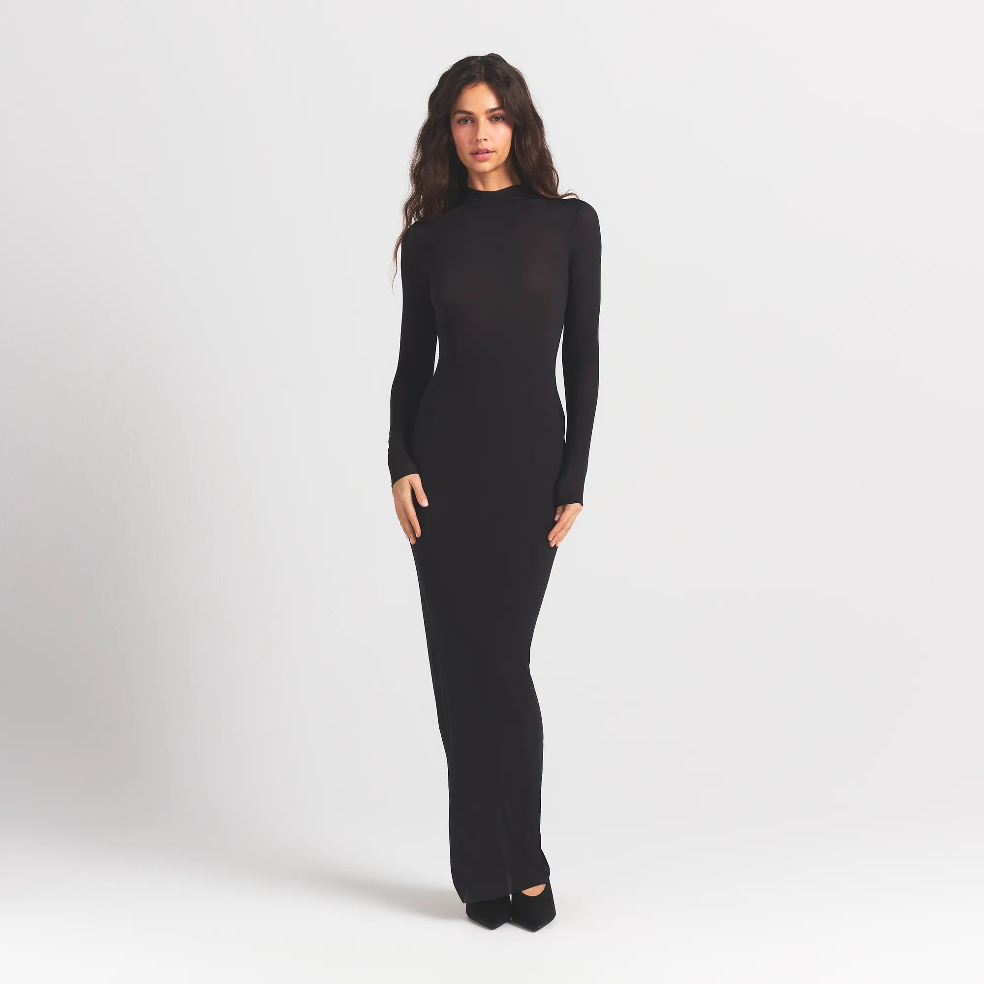 Milky Sheer Mock Neck Long Sleeve Long Dress