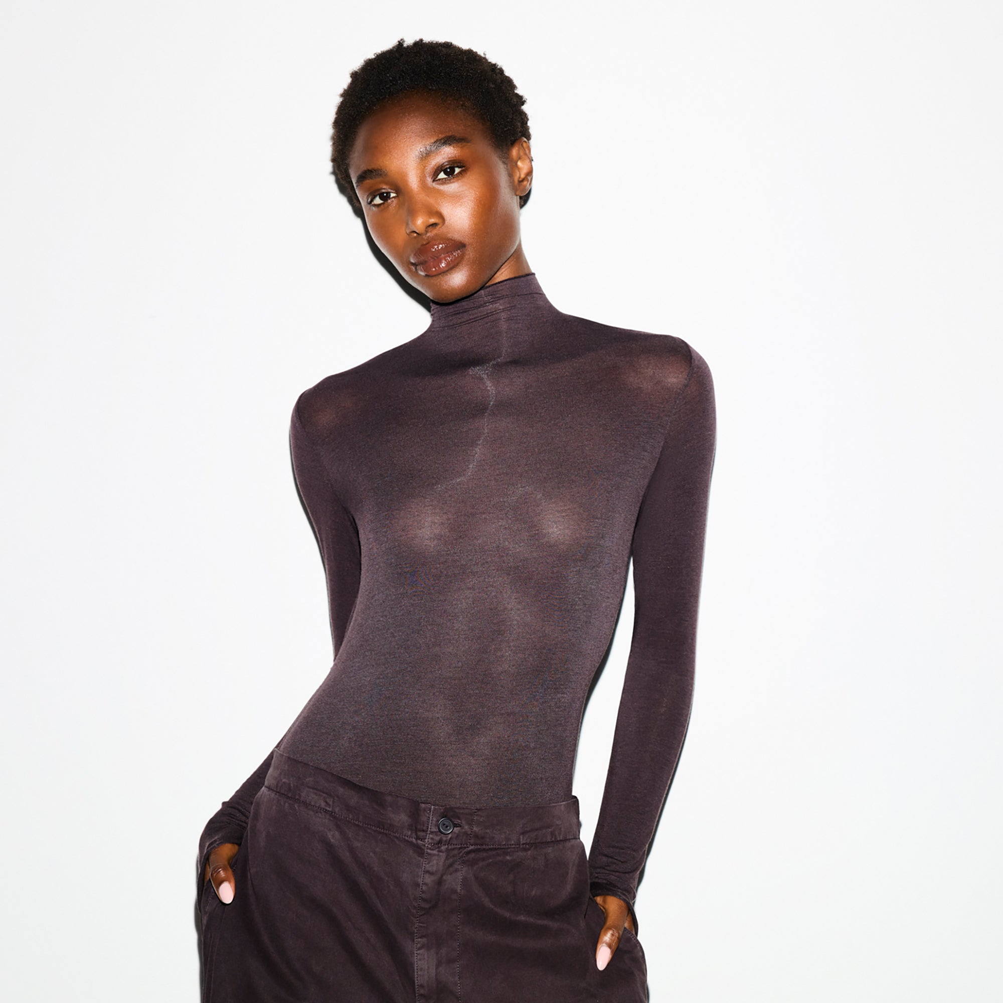 Sheer Modal Long Sleeve Turtleneck Bodysuit