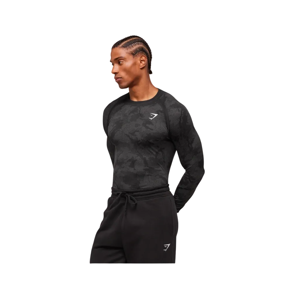 Gymshark Geo Seamless Long Sleeve T-Shirt Slim Fit Black/Charcoal Grey