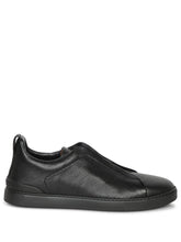 Zegna Men's Triple Stitch Black Leather Slip-On Sneakers – Contemporary Comfort