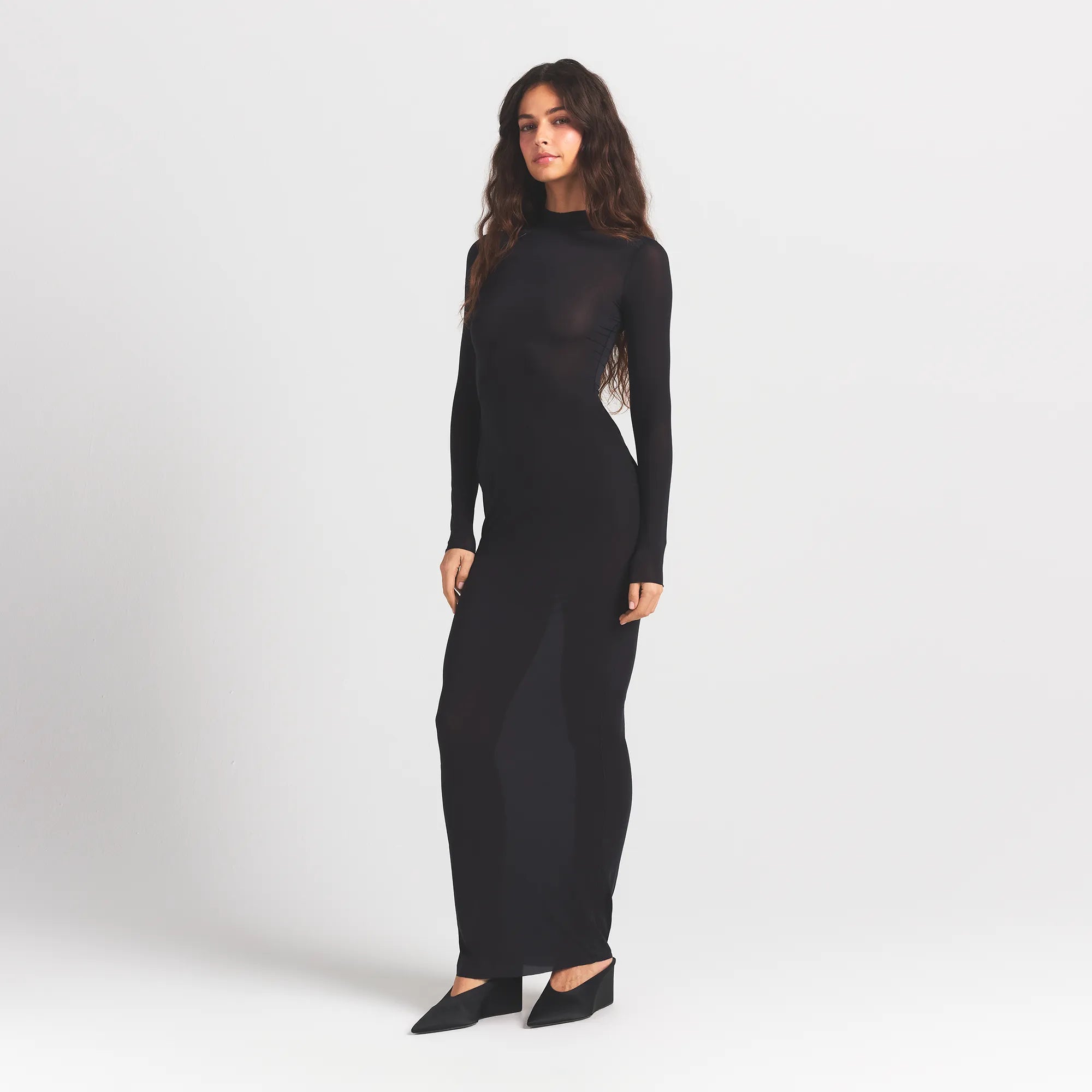 Milky Sheer Mock Neck Long Sleeve Long Dress