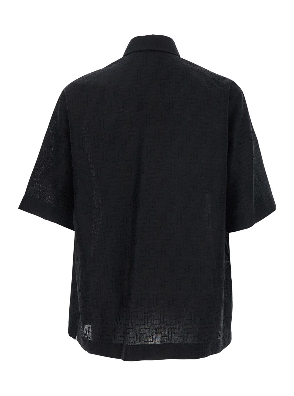 Fendi Black Oversize Shirt with Short Wide Sleeves and All-Over FF Embroidery in Linen Blend Man