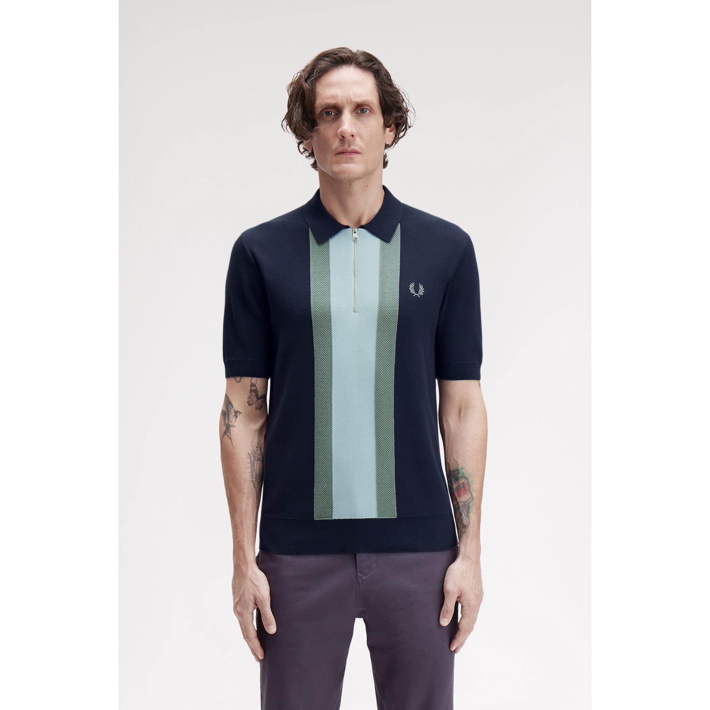 Vertical Stripe Zipped Short-Sleeve Polo Shirt