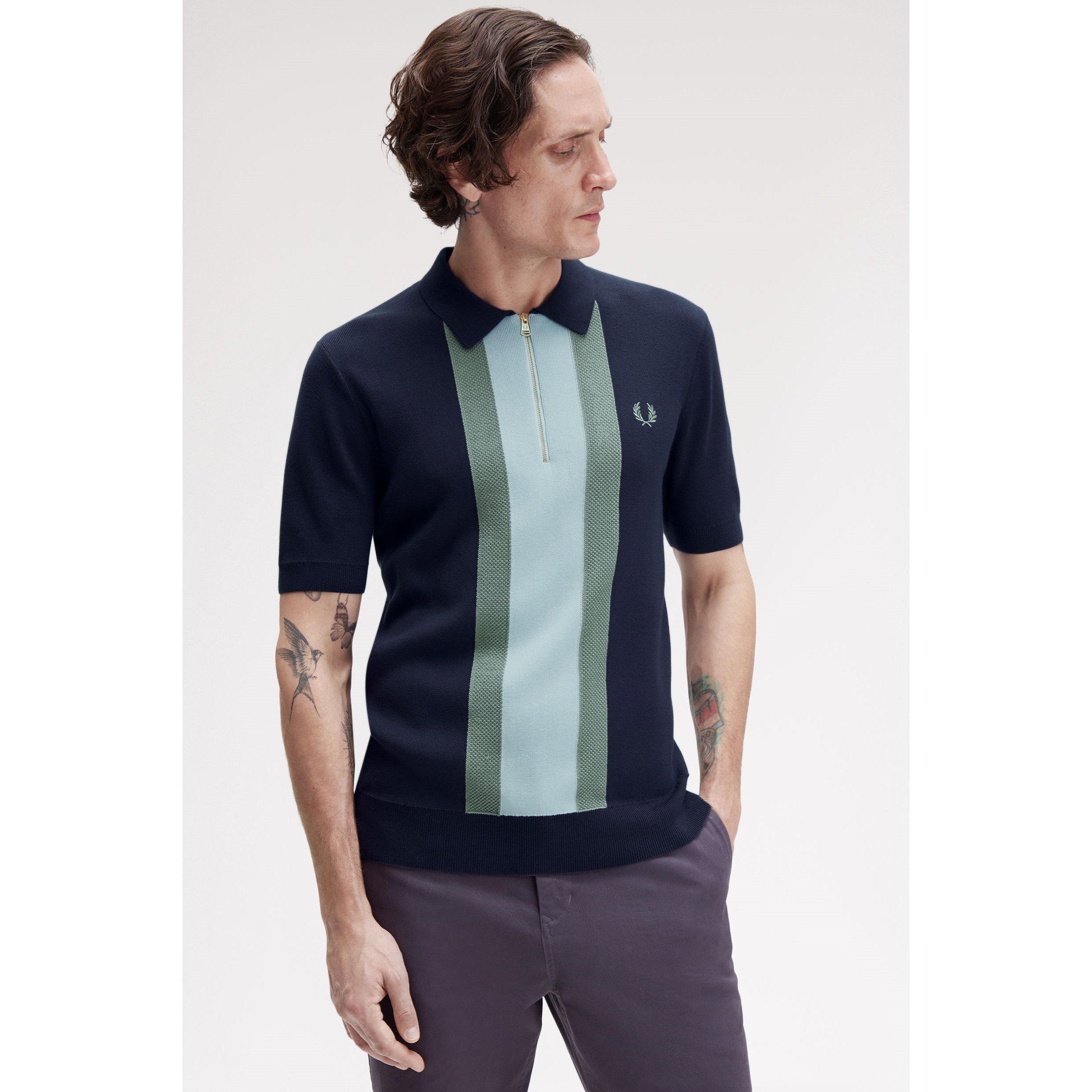 Vertical Stripe Zipped Short-Sleeve Polo Shirt