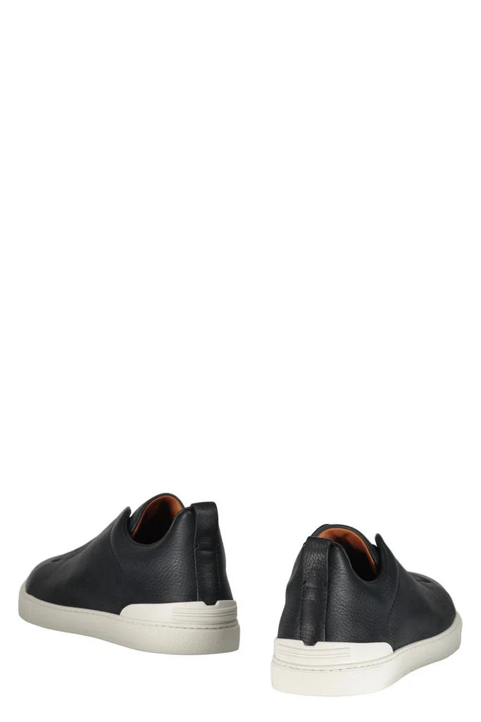 Zegna Men’s Grainy Deer Leather Sneakers – Round Toe, Logo Detail, 100% Leather