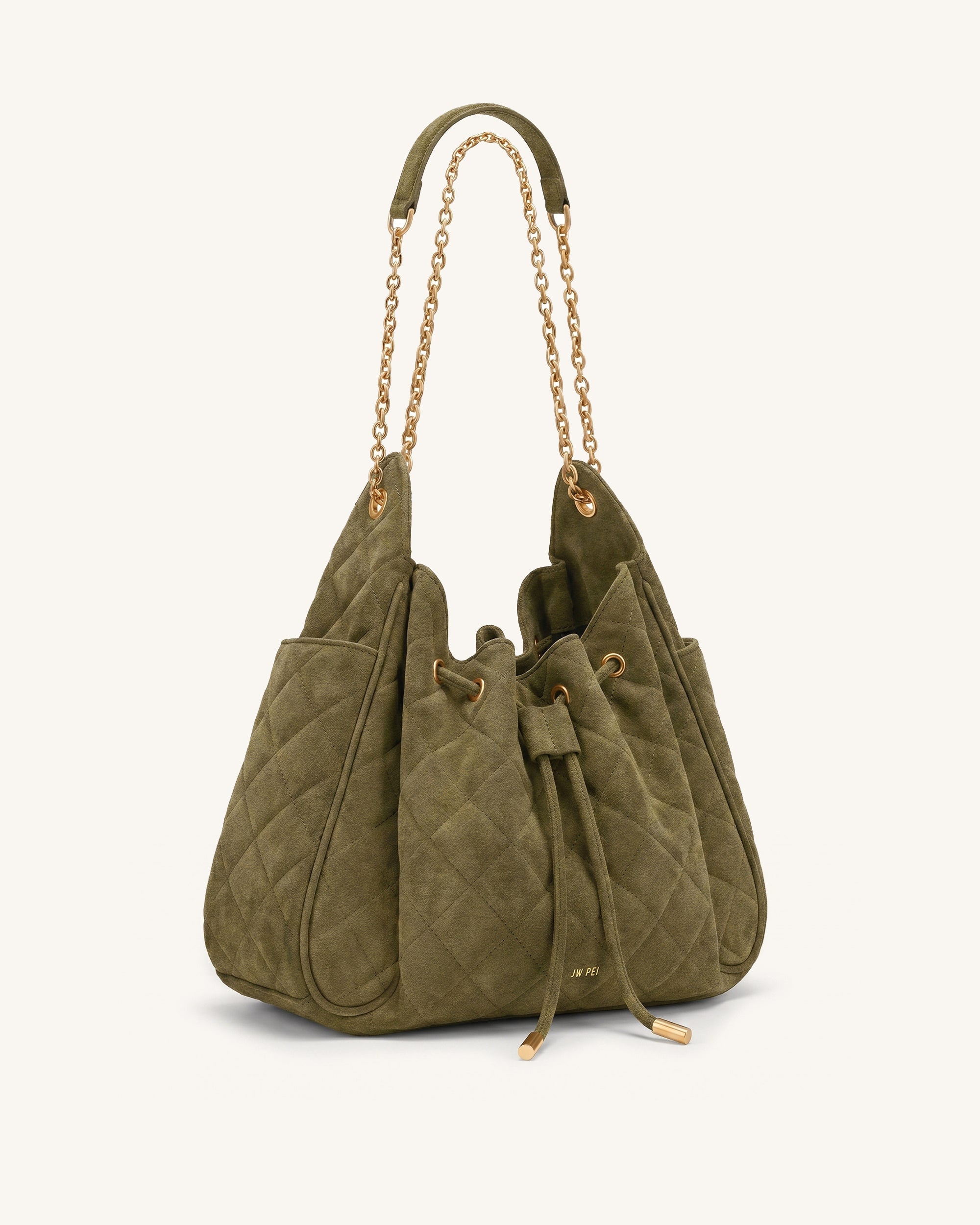 Rowan Faux Suede Quilted Chain Bucket Bag - Gray