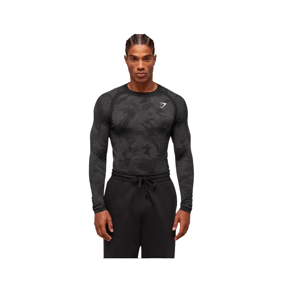 Gymshark Geo Seamless Long Sleeve T-Shirt Slim Fit Black/Charcoal Grey