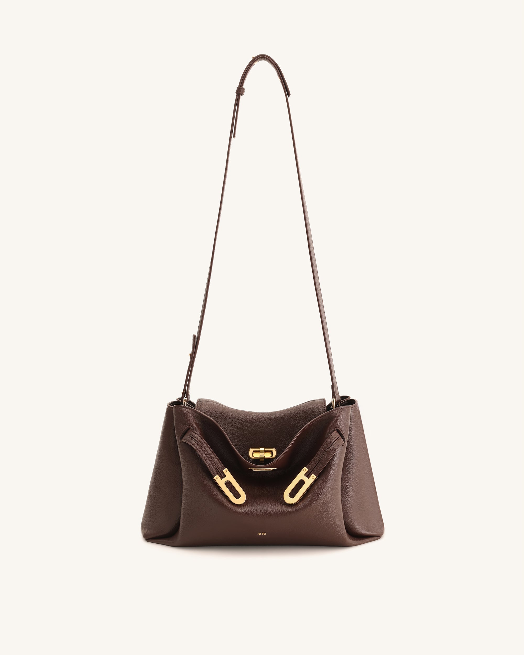 Rhea Pebbled Double Buckle Shoulder Bag - Dark Brown