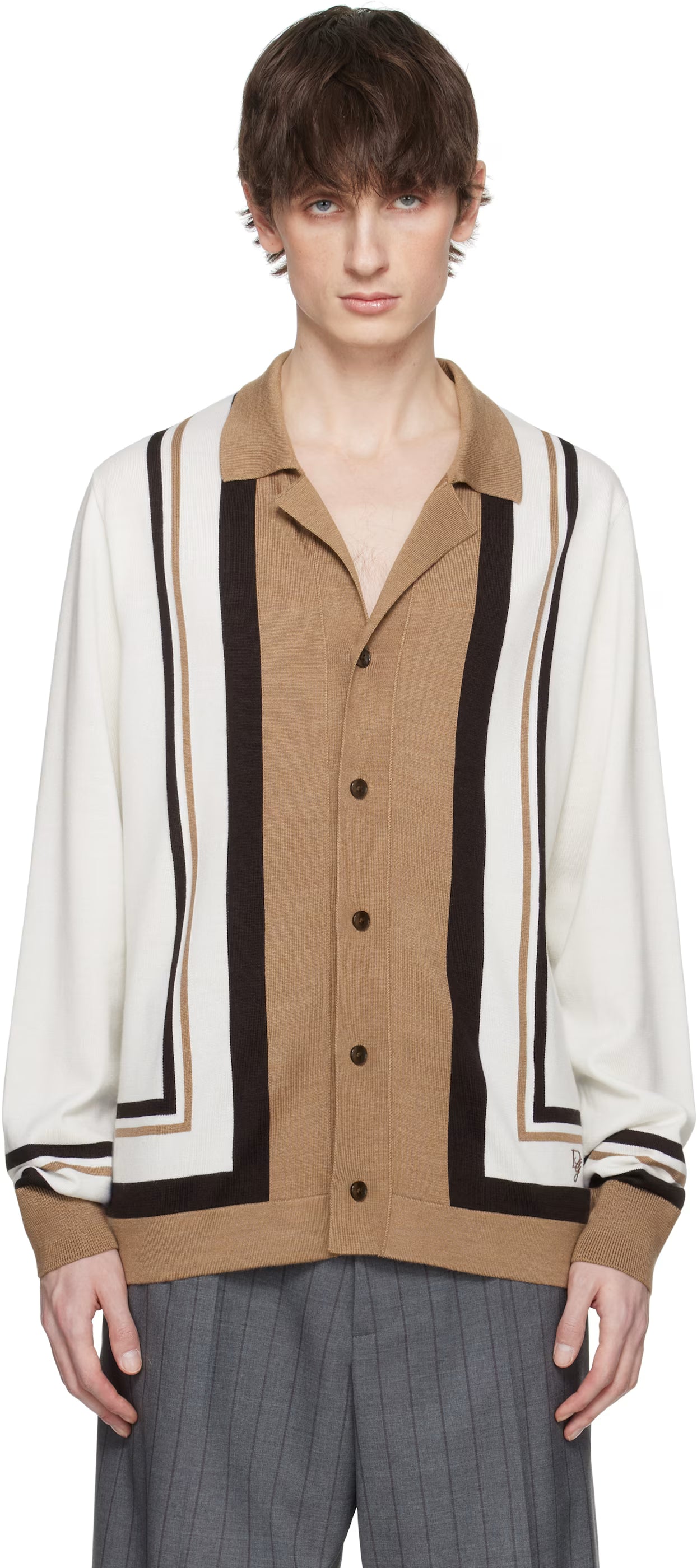 Dolce&Gabbana Beige & White Wool DG Embroidery Cardigan