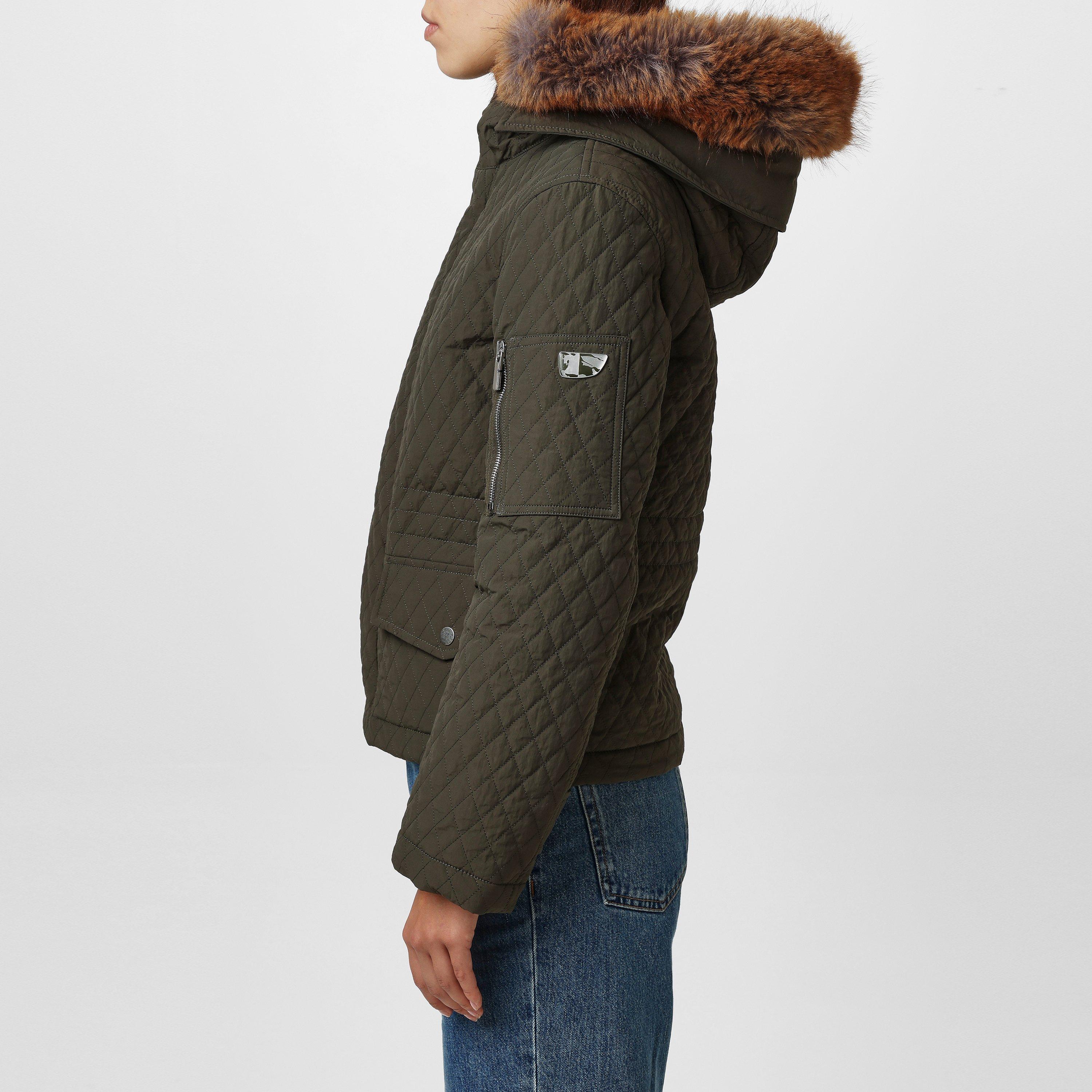 Equestrian Knight Detachable Faux-Fur Trim Hooded Long Sleeve Quilted Jacket