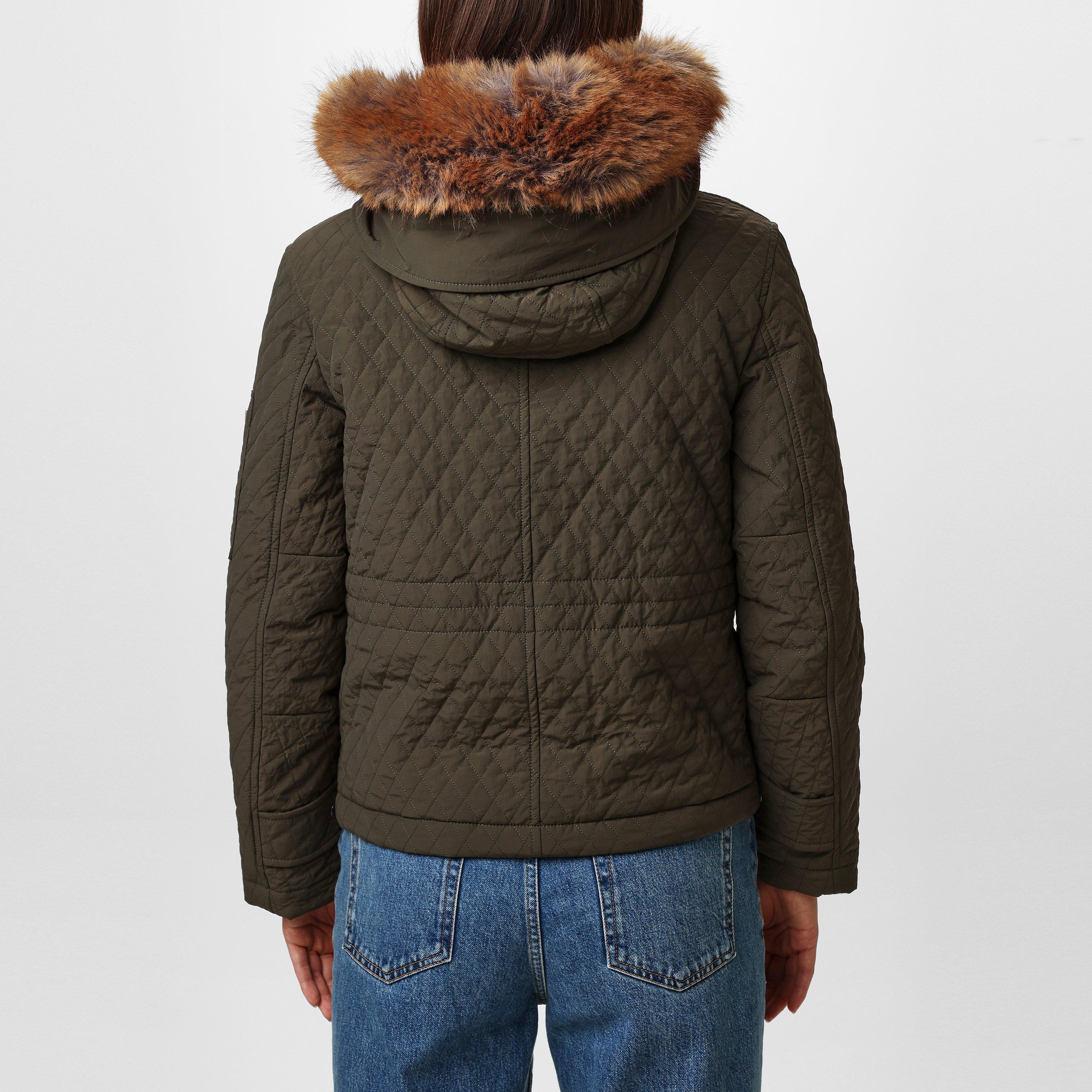 Equestrian Knight Detachable Faux-Fur Trim Hooded Long Sleeve Quilted Jacket