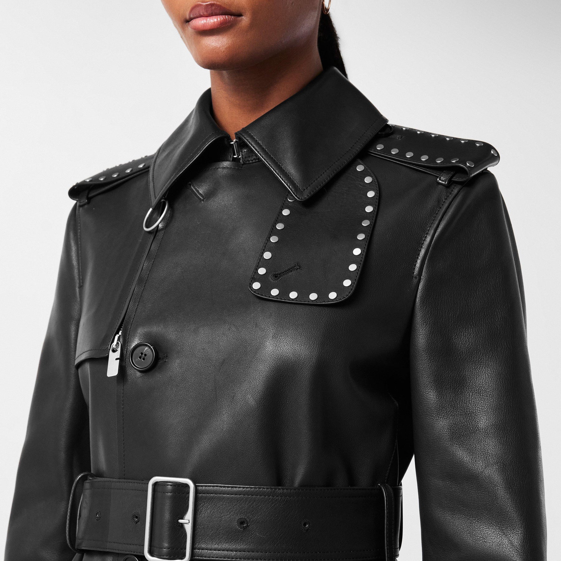 Studded Leather Trench Jacket