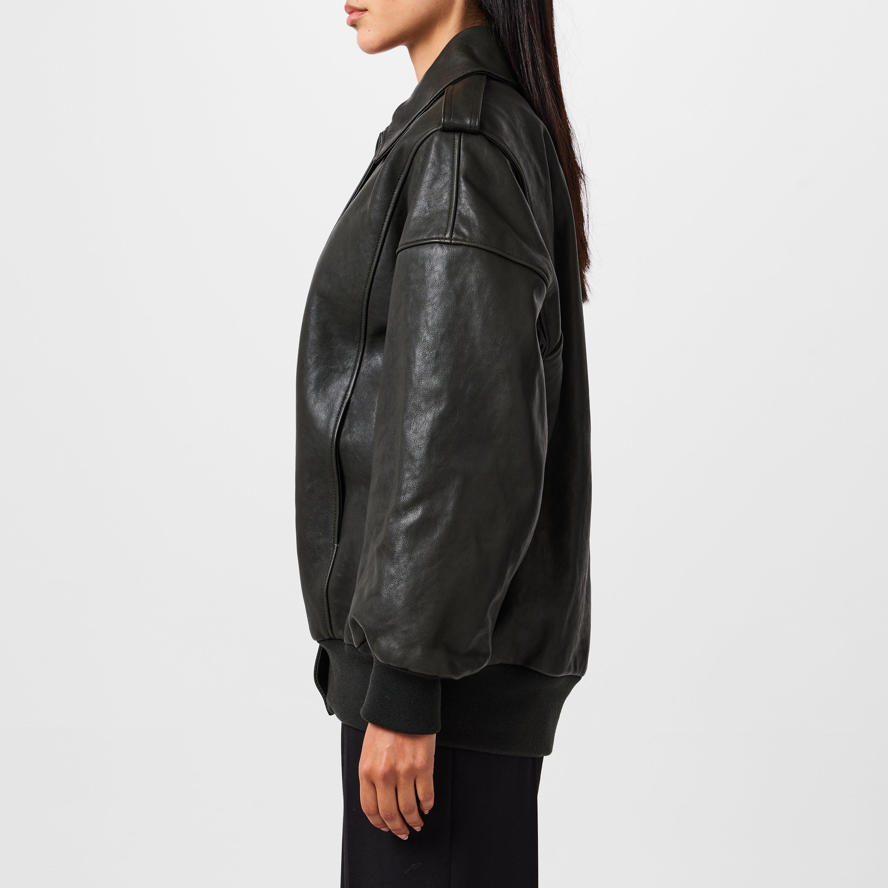 Aviator Bomber Leather Long Sleeve Oversized Fit Jacket
